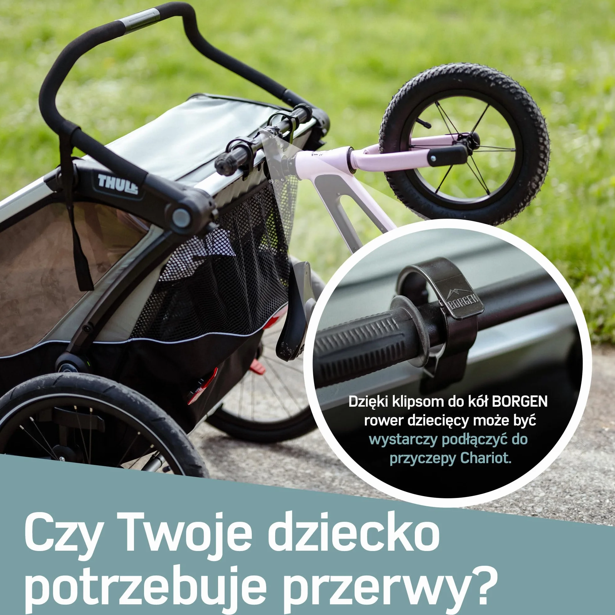Borgen Clip – uchwyt na rower dziecięcy i rowerek biegowy do Thule Chariot od 2017 Sport, Cross, Cab, Lite 2 do 14 cali maks. 8 kg – uchwyt na rower do części zamiennych do bagażników Thule