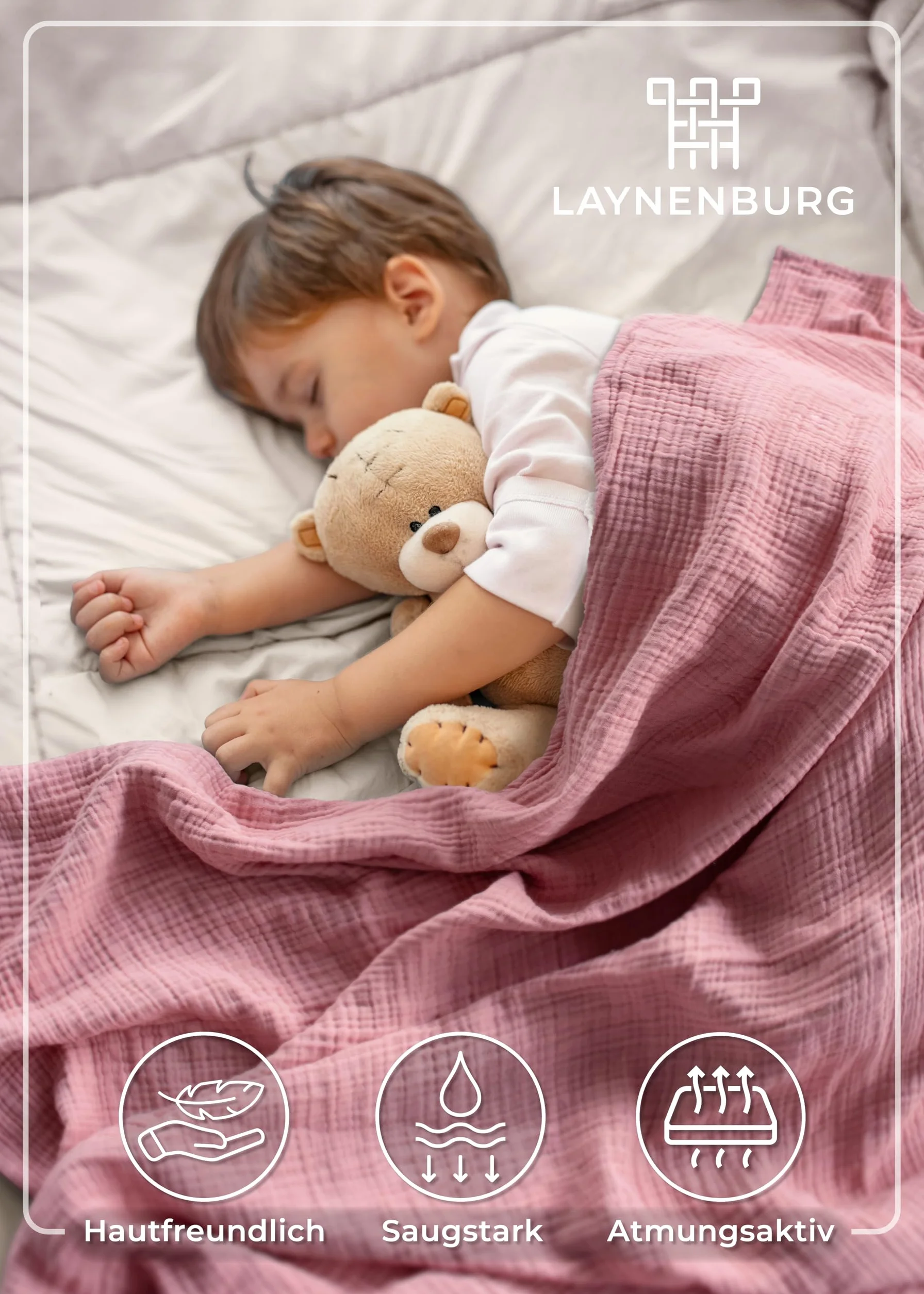 LAYNENBURG Muślinowy kocyk dziecięcy premium 120 x 120 cm – 4-warstwowy koc ze 100% bawełny – Oeko-TEX 100 – koc do wtulania się lub śpiocha, otulacz, śliniaczek dla niemowląt, noworodków i dzieci