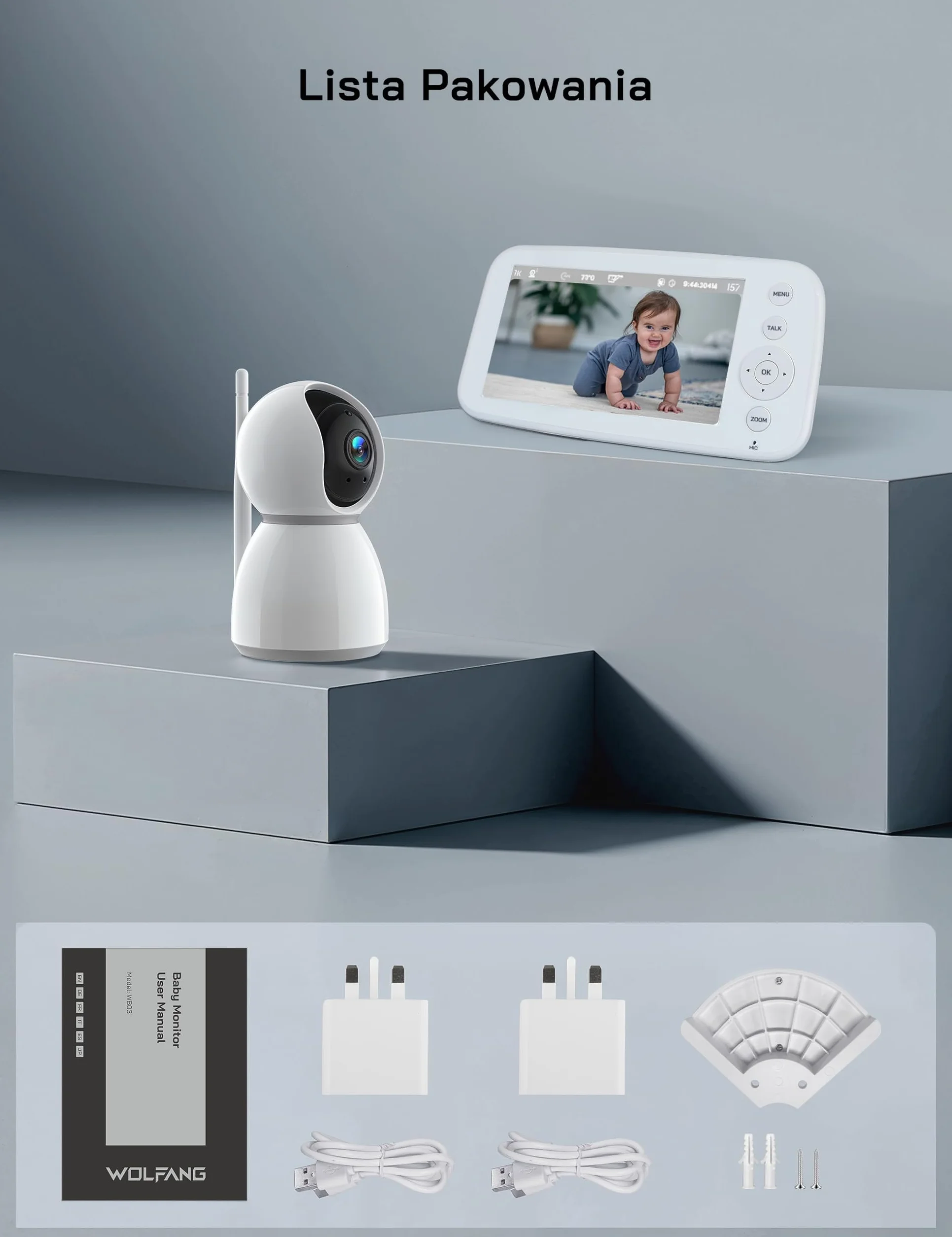 WOLFANG WB03 Baby Monitor 5" 720P z 10-godzinną baterią, kamera 1080P z noktowizorem i 2-krotnym zoomem cyfrowym, monitor wideo Pan-Tilt-Zoom bez WiFi, 2-drożna rozmowa, temperatura, 8 kołysanek