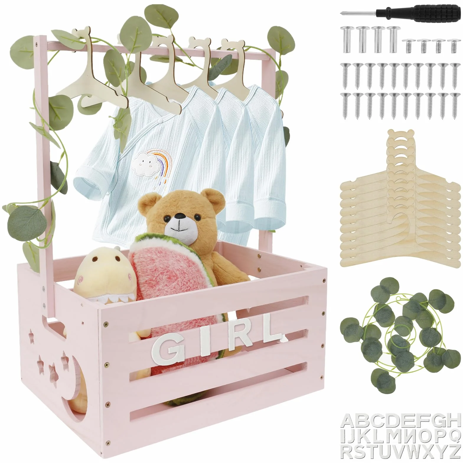 Kosz dla niemowląt z uchwytem, drewniana szafka na baby shower, praktyczna drewniana skrzynka na baby shower z drążkiem, szafka na baby shower z drewna, kosz na pranie dla dzieci, prezent (różowy)