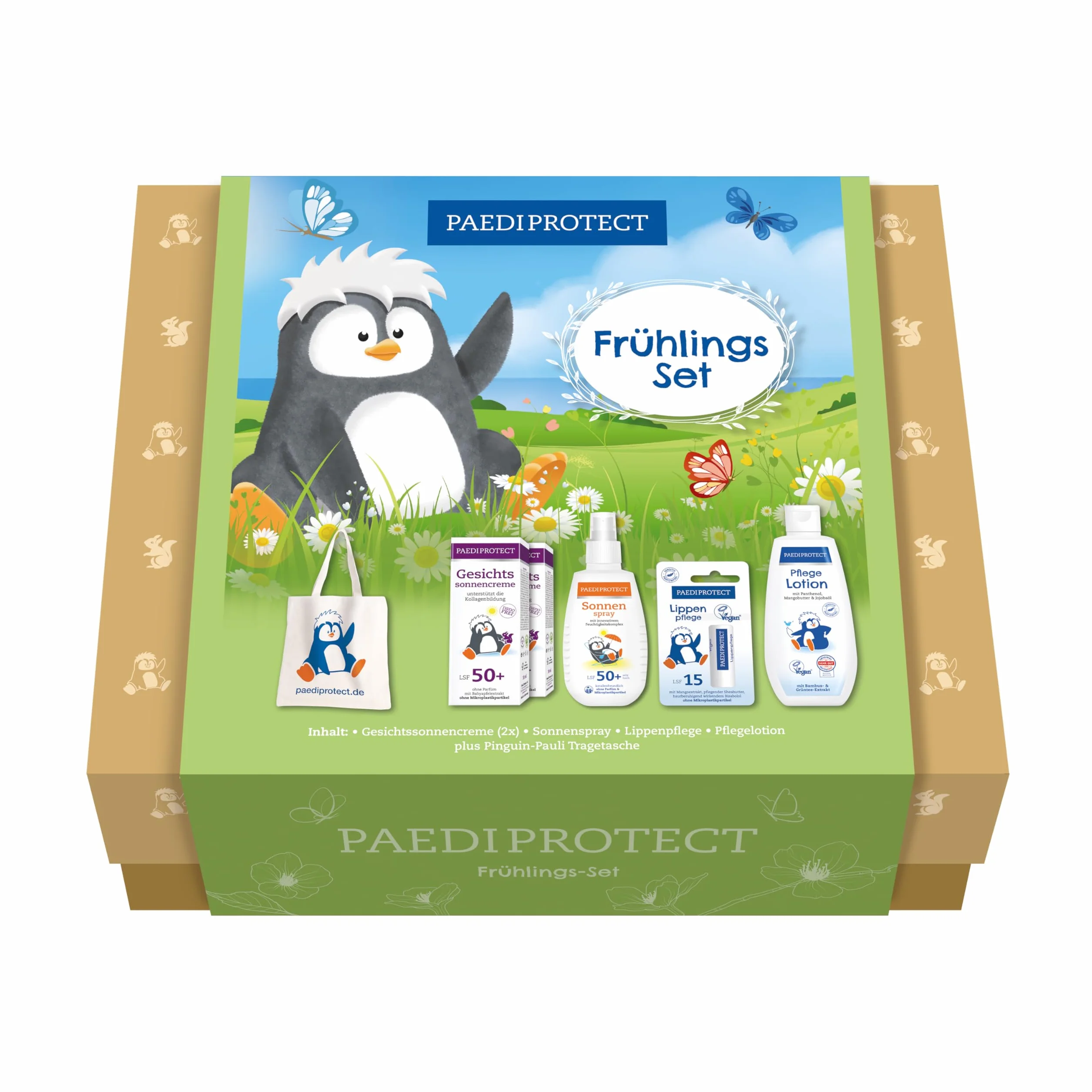 PAEDIPROTECT Zestaw wiosenny 5 produktów do ochrony przeciwsłonecznej i pielęgnacji skóry dla niemowląt i dzieci, SPF 50+, w zestawie: 2 x krem przeciwsłoneczny do twarzy, 1 x spray przeciwsłoneczny