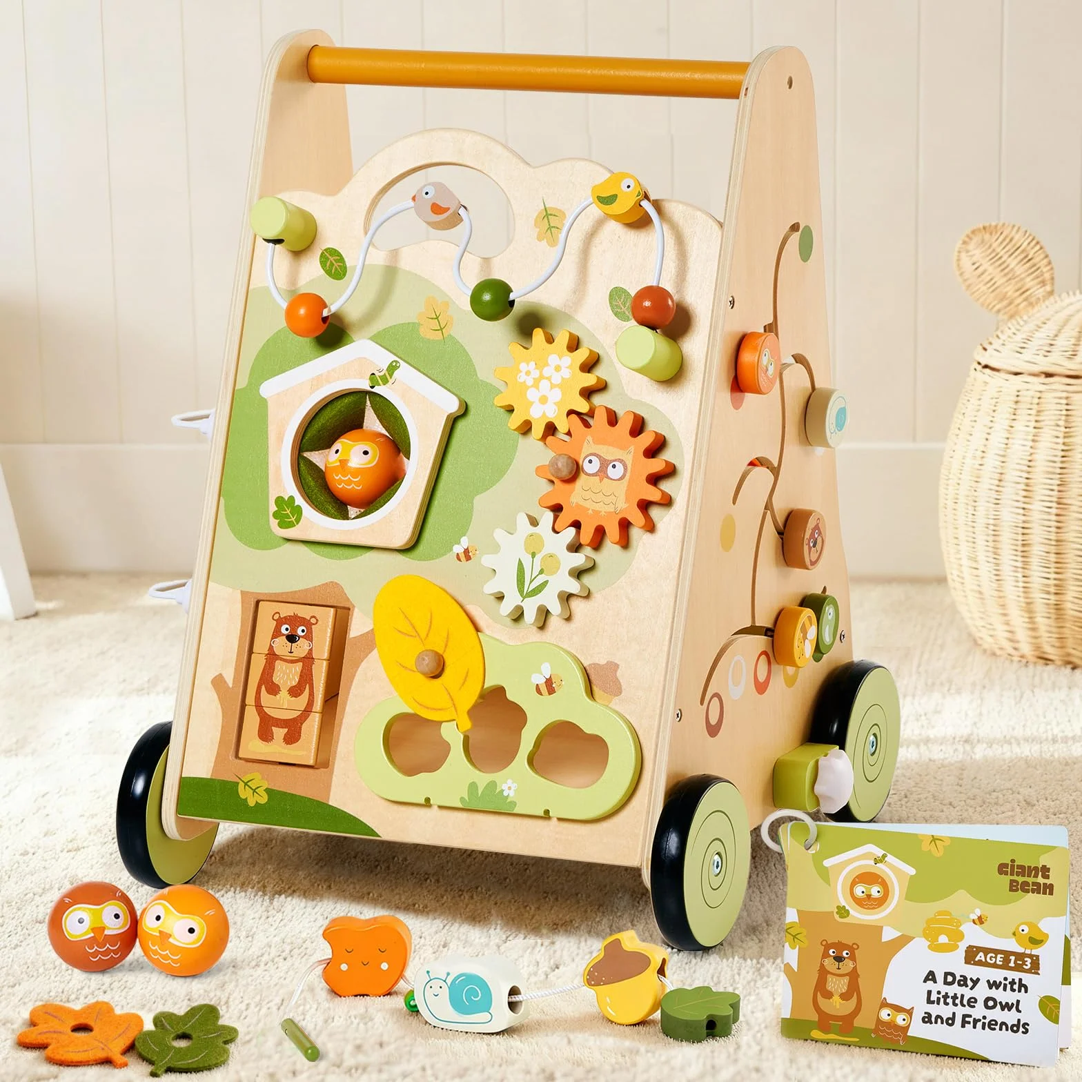 Drewniany Chodzik dla Dzieci Wooden Push Walker 8-w-1 z Centrum Aktywności, Regulowana Prędkość, Antypoślizgowe Kółka