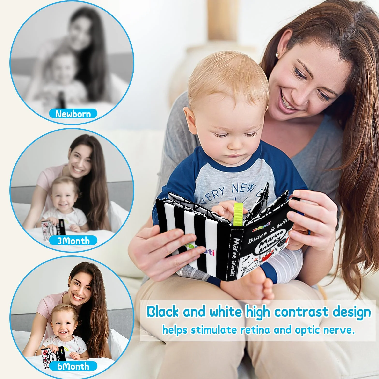 Dr.Rapeti 6 Pack Soft Baby Cloth Book Sensory Bath Crinkle Black White High Contrast Washable Nontoxic Educational Toy