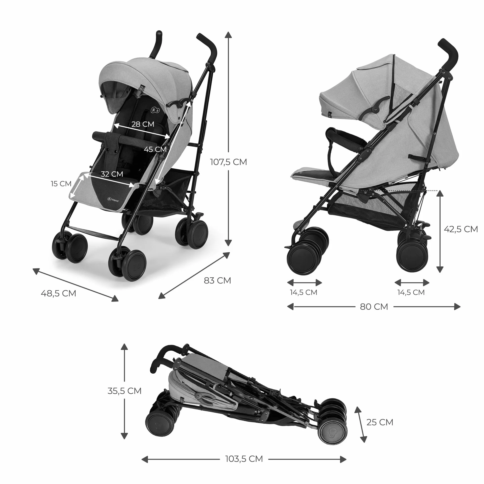 kk Kinderkraft Lekka spacerówka SIESTA, Wózek parasolka, Regulacja oparcie do pozycji leżącej, Powiększana budka, Szybkie i łatwe składanie do kompaktowych rozmiarów, aż do 22 kg, Szary