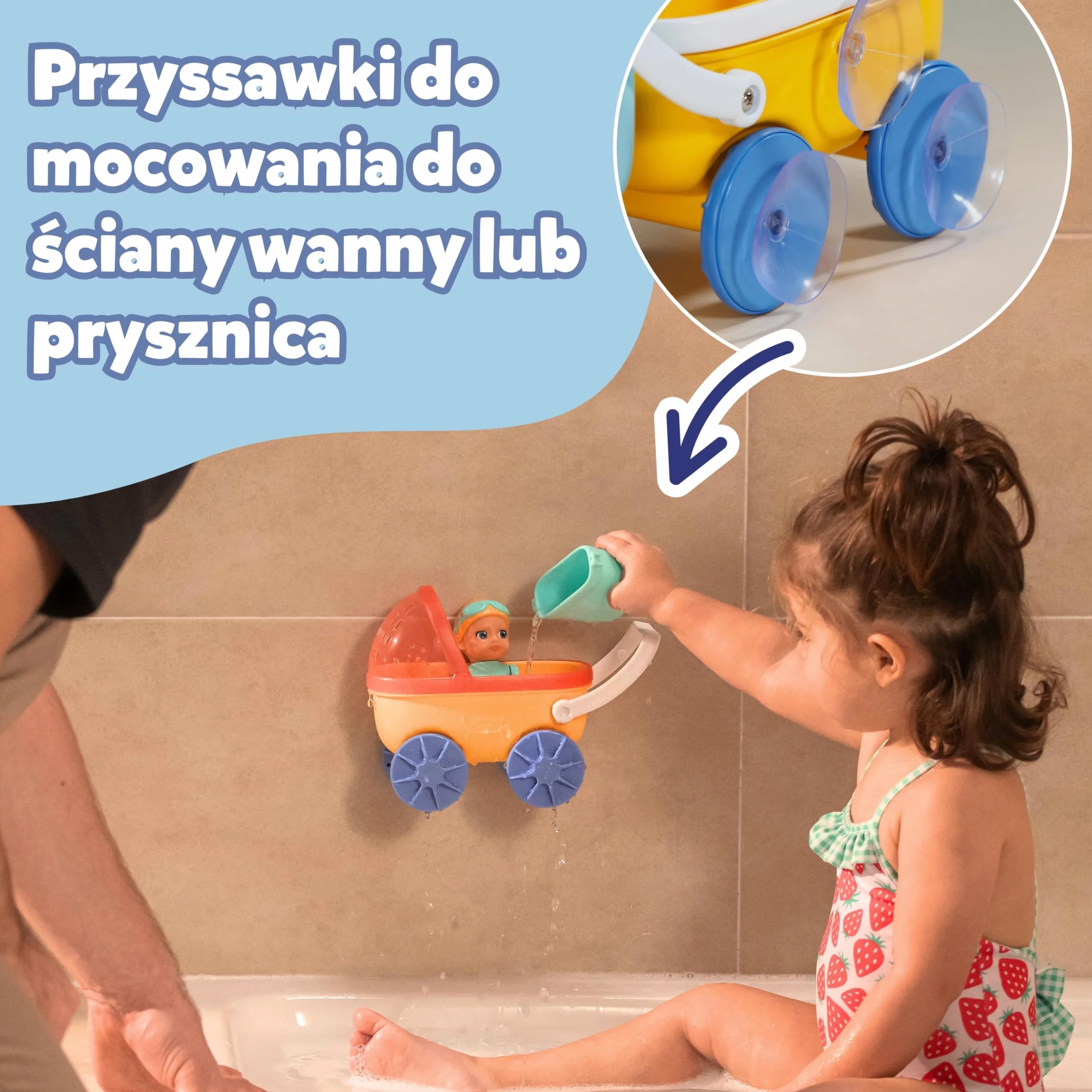 BABY born Splish Splash wózek z Emmą, interaktywna zabawka do kąpieli dla maluchów z nakręcanym pływaniem Emmą i wózkiem z osłoną przeciwsłoneczną i prawdziwymi kółkami roboczymi, zabawka do kąpieli