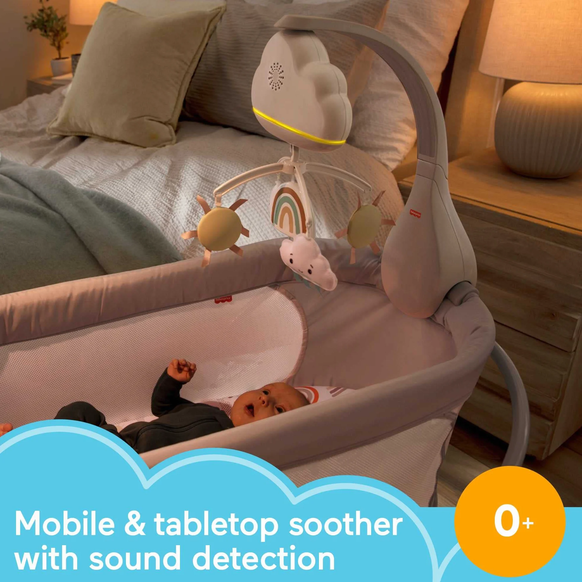 Fisher-Price Chmurkowa tęcza Uspokajacz karuzelka, uspokajacz na szafkę i zabawka z dźwiękami dla dzieci od narodzin, HBP40