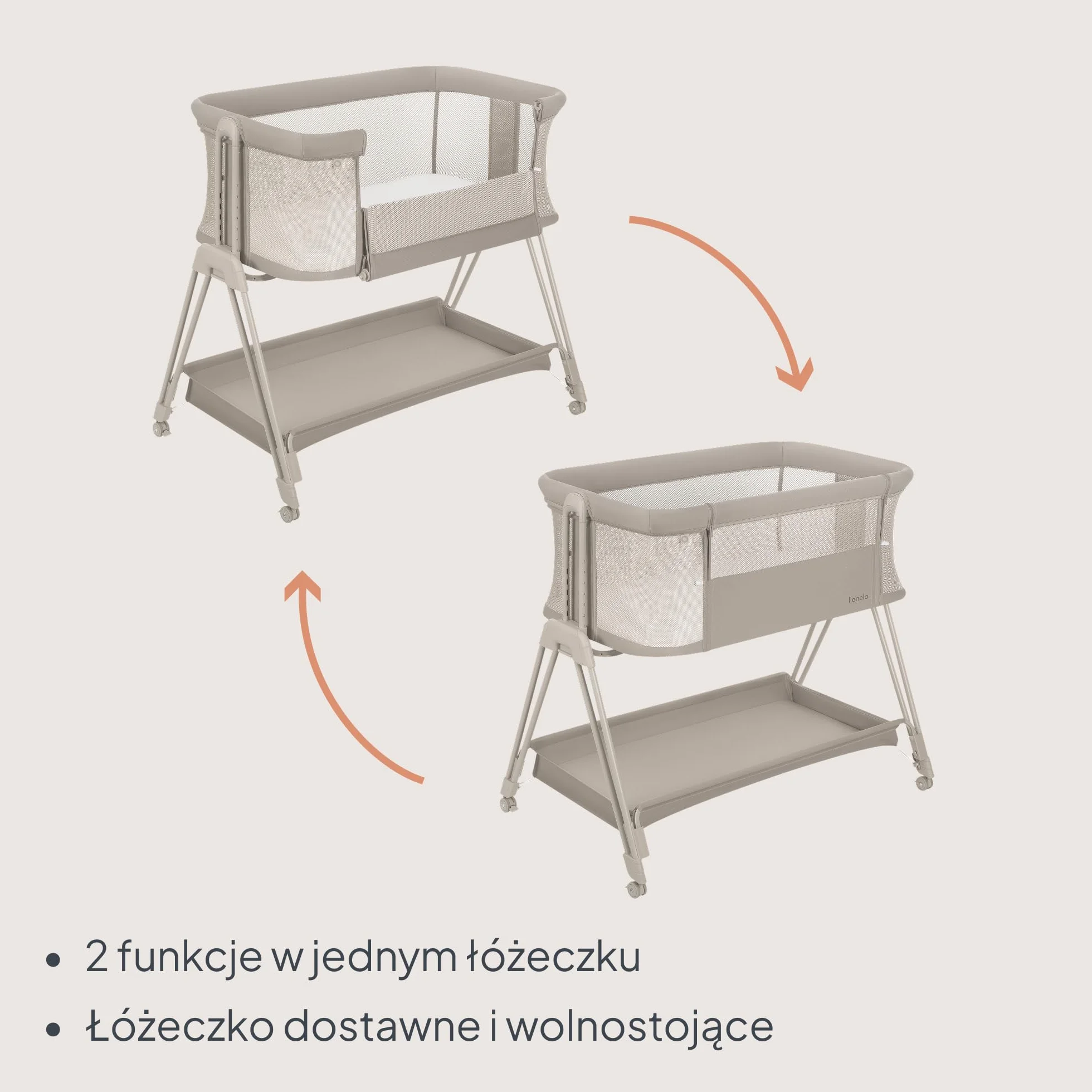 LIONELO Luna przenośne łóżeczko dostawne z materacykiem, co-sleeping, od noworodka do 9 kg. Regulowana wysokość i pochył, 4 kółka z blokadą, mocowanie do łóżka rodziców, przewiewne