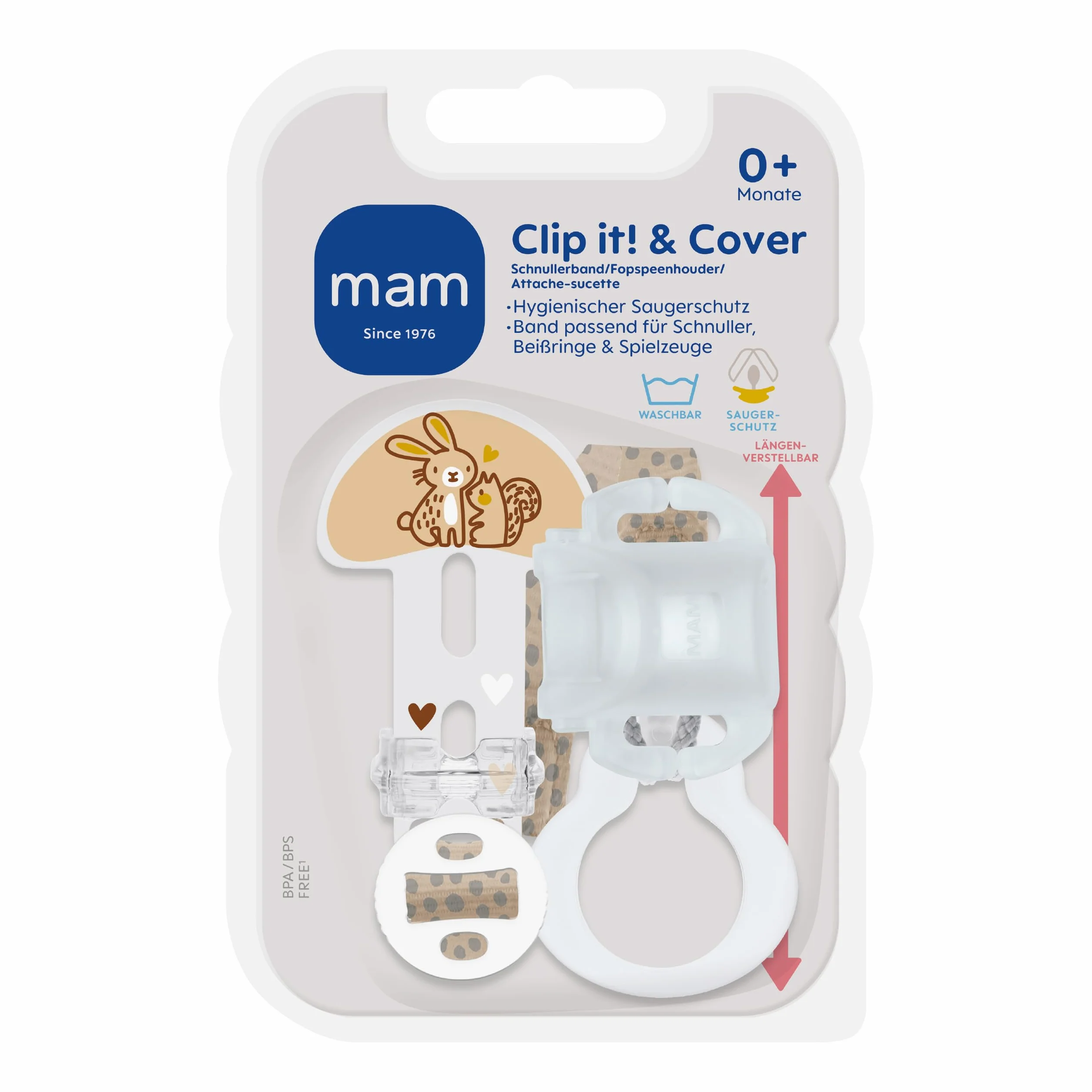 MAM Clip it! & Cover pasek na smoczek z ochroną, regulowany uchwyt ze zdejmowanym pierścieniem, pasuje do smoczków i zabawek