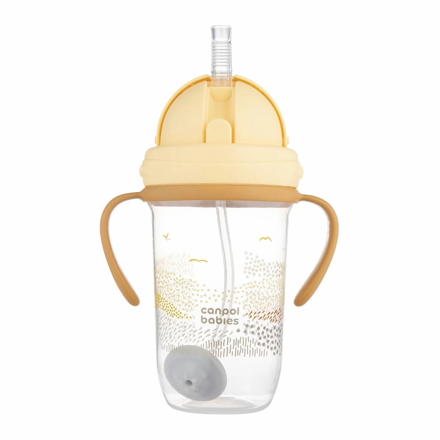Canpol babies Kubek niekapek z rurką i odważnikiem 270 ml, 6m+, Picie pod każdym kątem, Niekapiąca miękka silikonowa rurka, Szczelna pokrywka (Żółty MOUNTAINS)