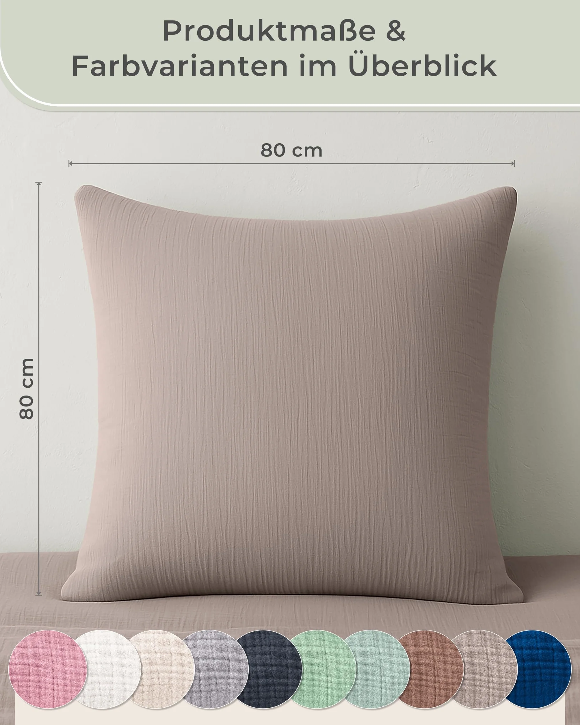 LAYNENBURG Muślinowa poszewka na poduszkę 80 x 80 cm, Oeko-Tex – 100% bawełna – oddychająca i nie wymaga prasowania – 3-warstwowa muślina z zamkiem błyskawicznym i taśmami mocującymi (Taupe)
