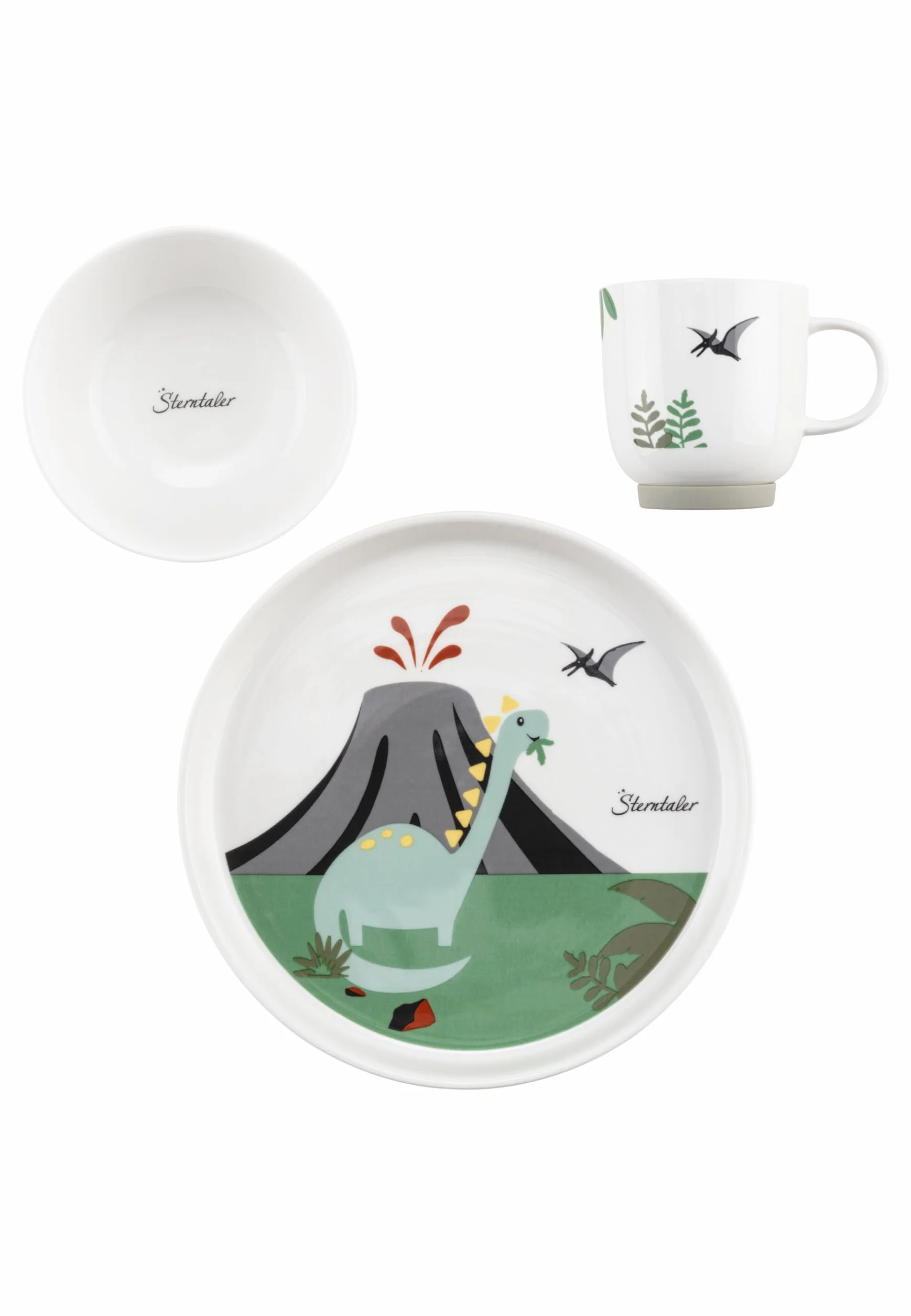 Sterntaler Zestaw naczyń z porcelany Dino Rexi – zestaw naczyń z antypoślizgową i zdejmowaną podstawką silikonową – naczynia dla niemowląt i dzieci z talerzem, miską 400 ml i filiżanką 200 ml, biały