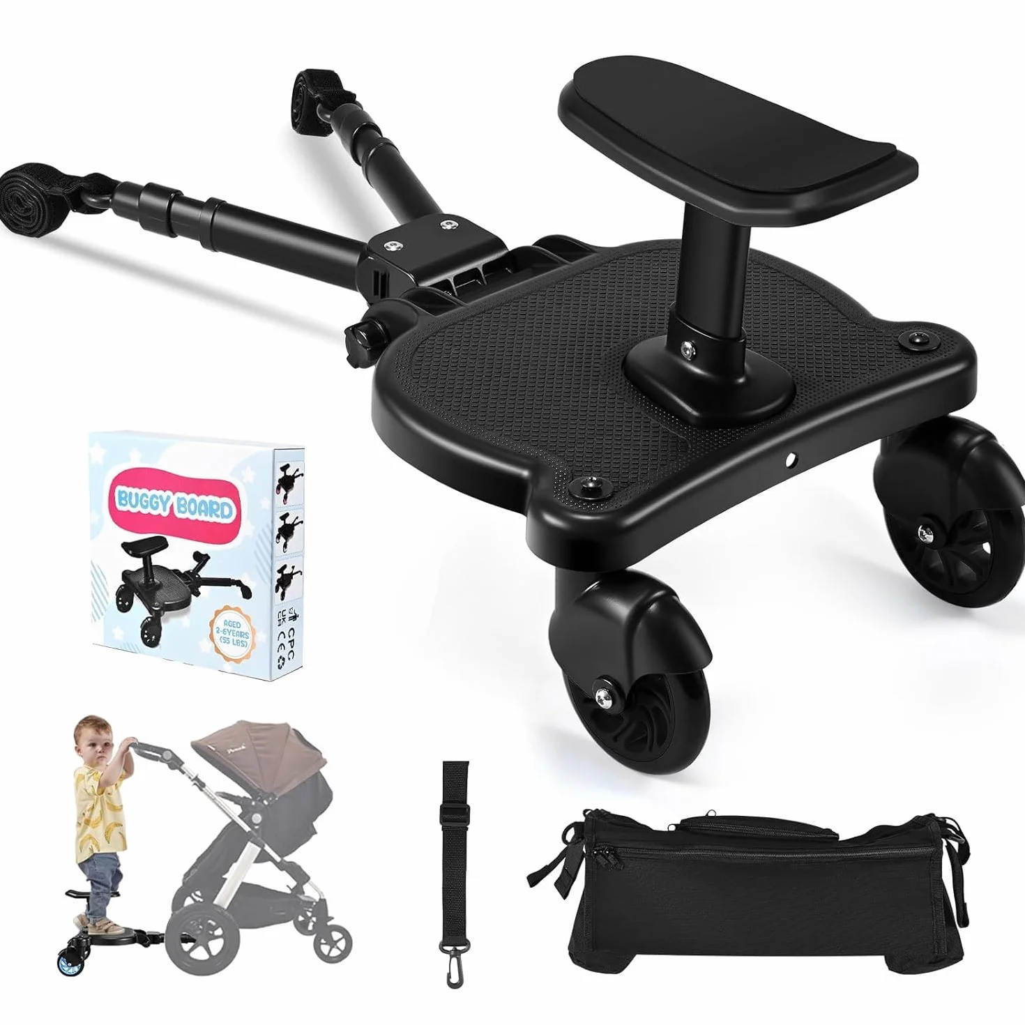 Deska buggy uniwersalna z siedziskiem i torbą organizera, kompatybilna z wózkami, udźwig 25 kg