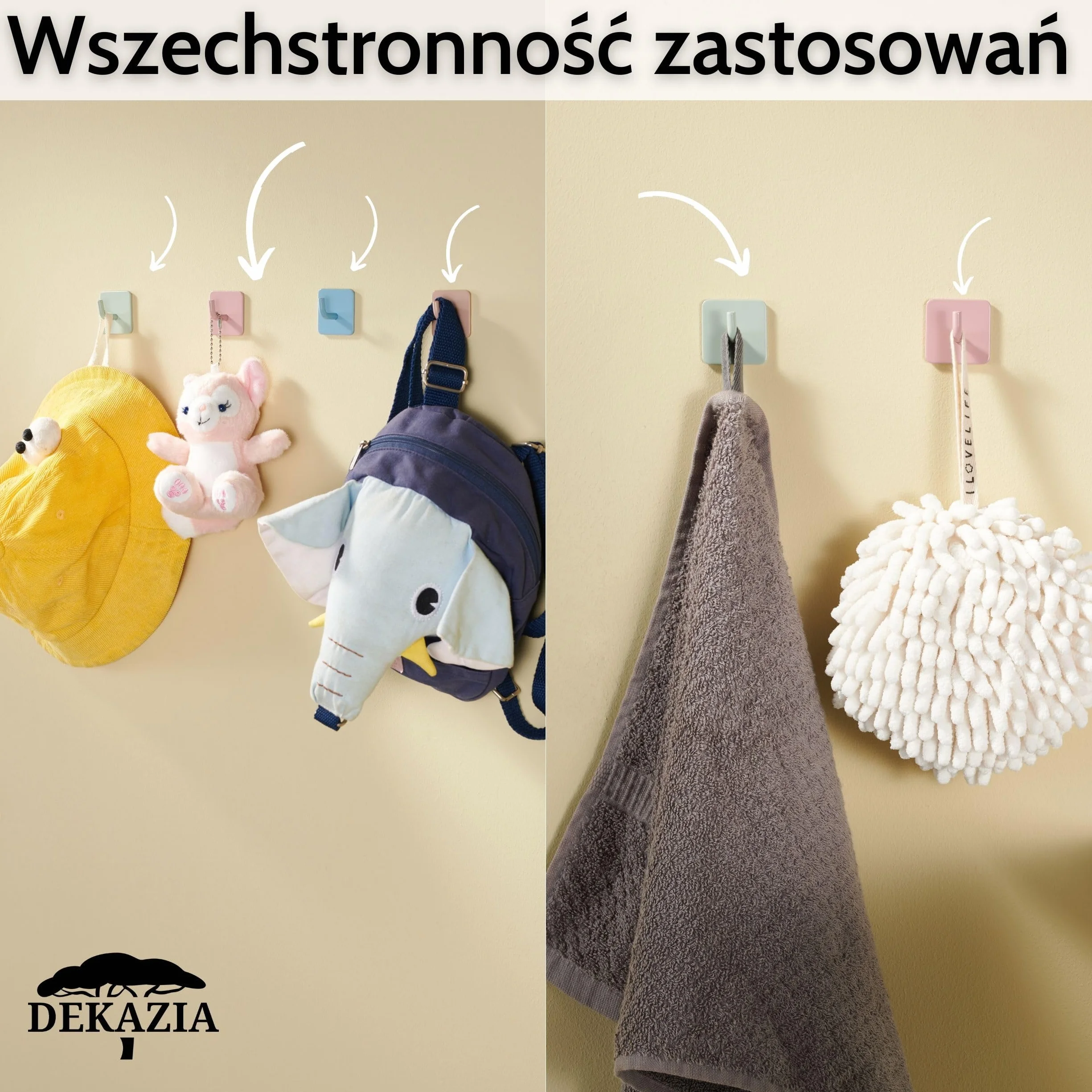 DEKAZIA® 8 Kolorowych Haków Dziecięcych – Wieszak szatnię pokojowej Haki Szafa dziecięca Haki ścienne dziecięce Pokój dziecka – Haki samoprzylepne Szatnia dziecięca Ściana