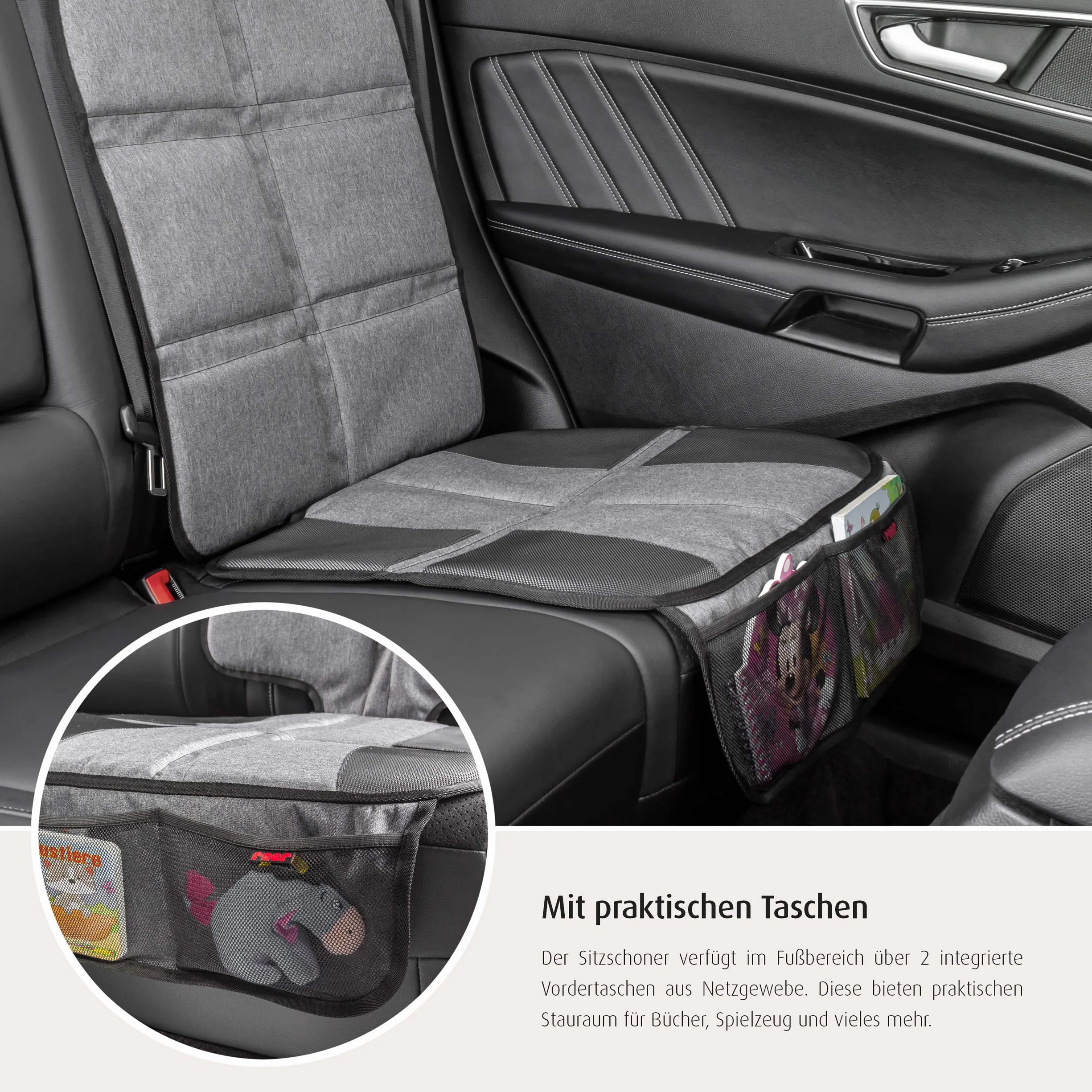 reer Podkładka pod fotelik dziecięcy TravelKid MaxiProtect, podkładka ochronna na fotel samochodowy z ochroną oparcia, antypoślizgowa podkładka, nadaje się do wszystkich tradycyjnych modeli, szara