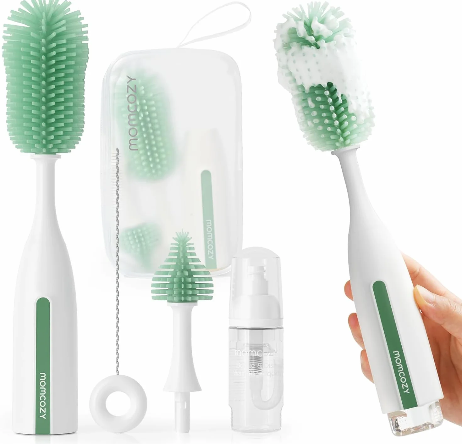 Momcozy Zestaw Szczotek Do Butelek Pro**, Innowacyjny Design Push-Press Dla Dokładnego Czyszczenia – Szczotka Do Butelek, Pomp Do Mleka I Smoczków – Szczotka Niezatykająca Się I Generująca Pianę