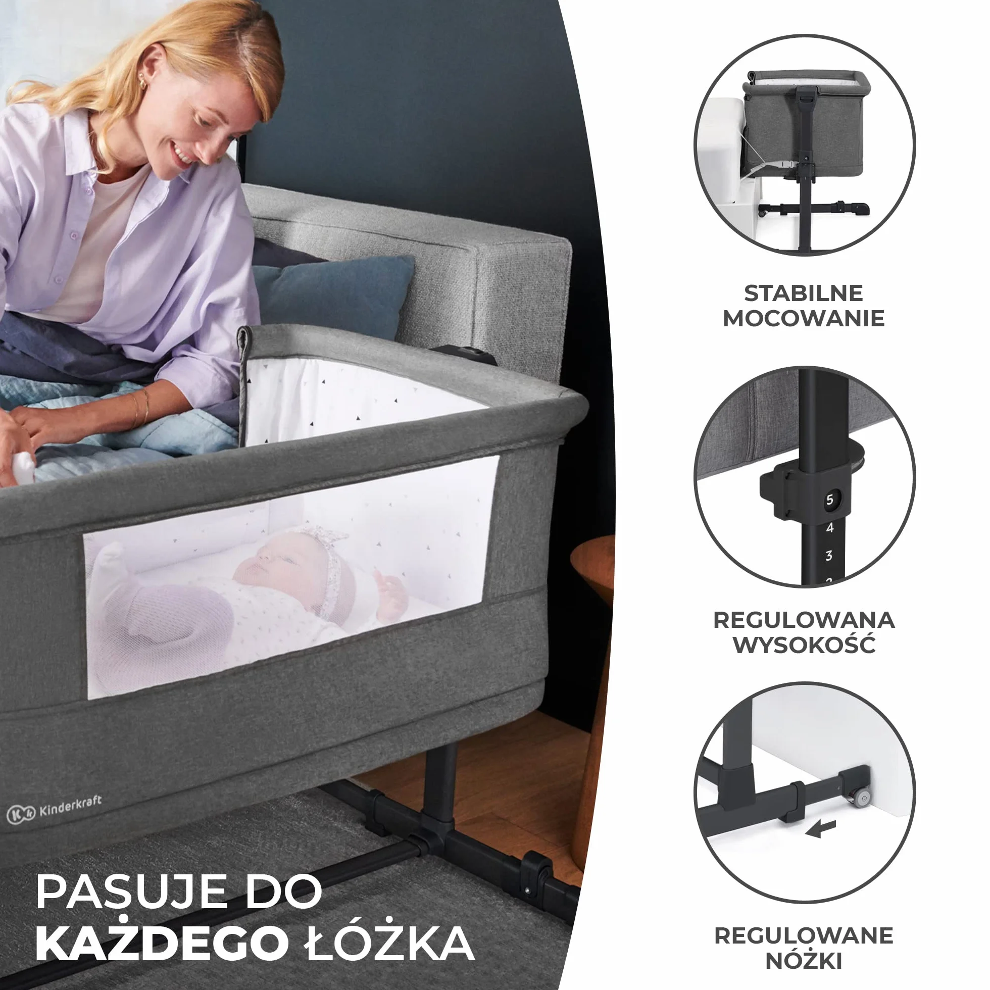 Kinderkraft NESTE GROW Łóżeczko dziecięce 3 w 1, dostawne, regulowana wysokość, jasnoszary
