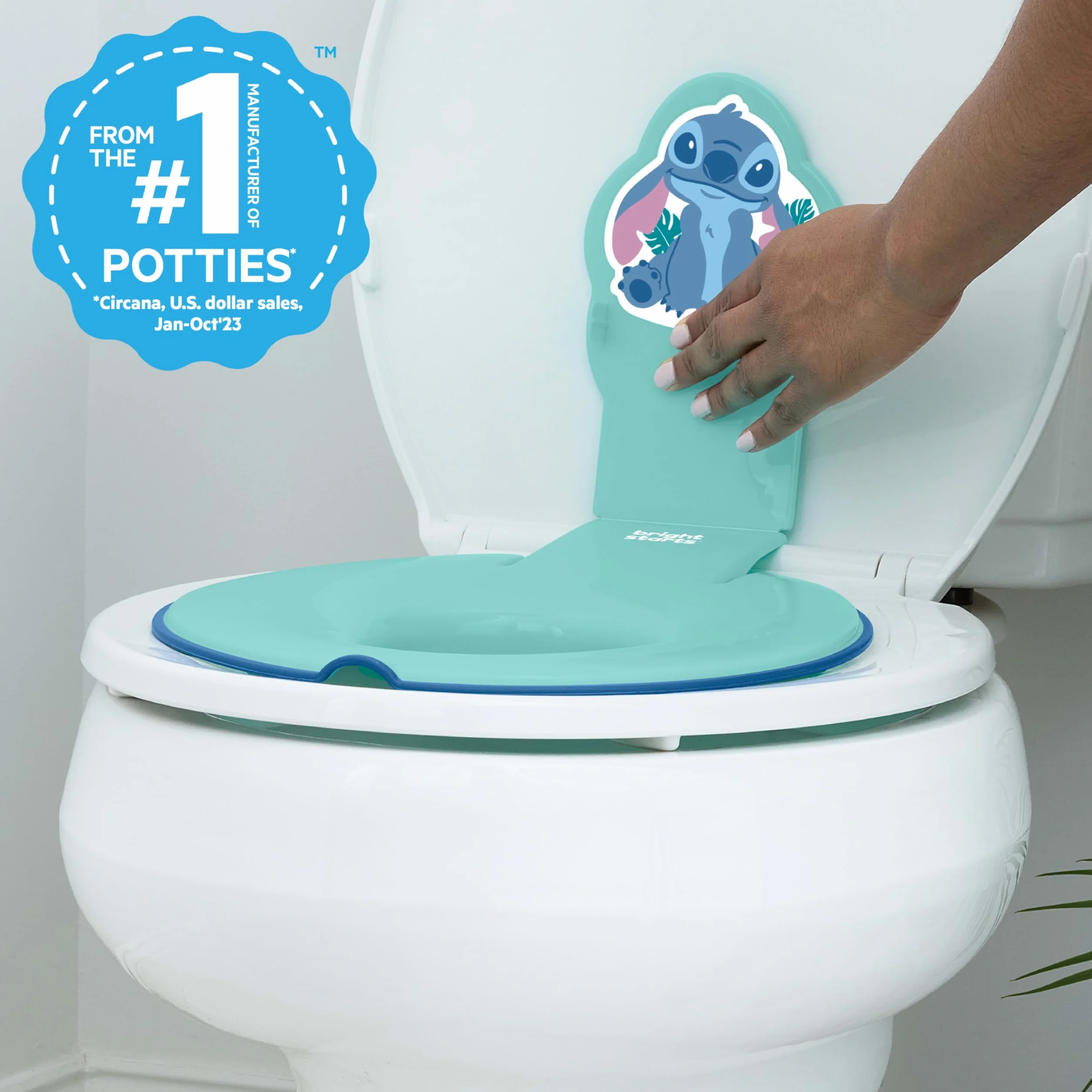 Bright Starts Disney Baby Stitch Flip & Sit Nocnik, bezpiecznie mocuje się do toalety, oszczędzający miejsce design