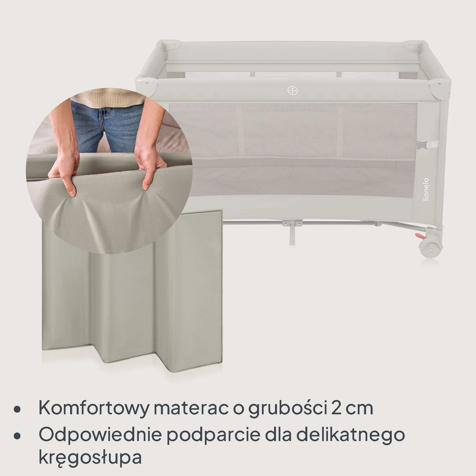 Lionelo Ellen 3 w 1 łóżko podróżne 0-3 lata 15 kg 2 wysokości materaca beżowa