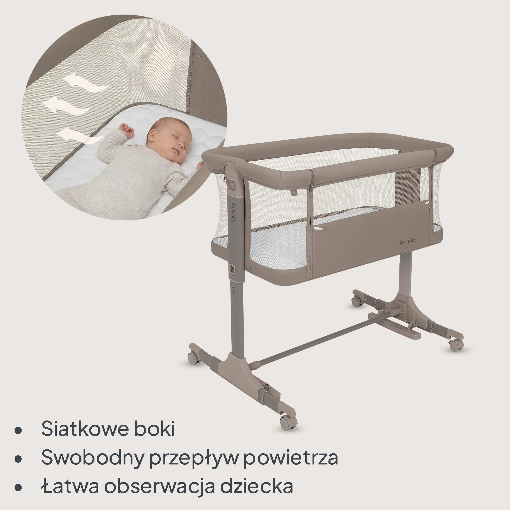 Lionelo PARI łóżeczko nocne 3 w 1 regulowane 6 poziomów kołysanie pochylany materac siatka zamykane kółka torba podróżna
