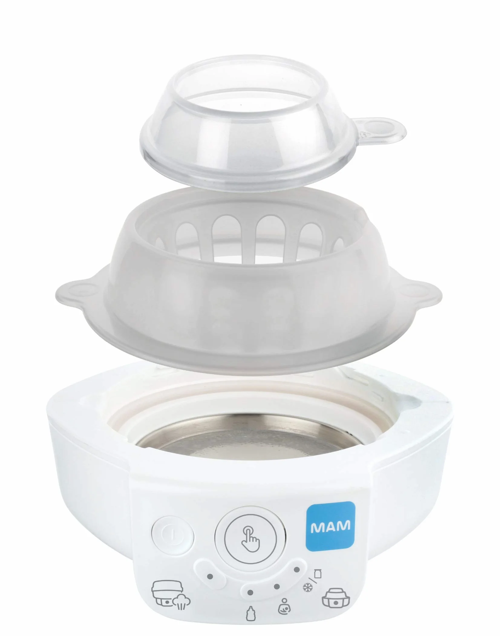 MAM Sterylizator 6 w 1 i Express podgrzewacz do napojów dla niemowląt, podgrzewacz do butelek, w zestawie 1 x butelka MAM Easy Start Anti-Colic (160 ml), 1 x smoczek MAM Start i 1 szczypce