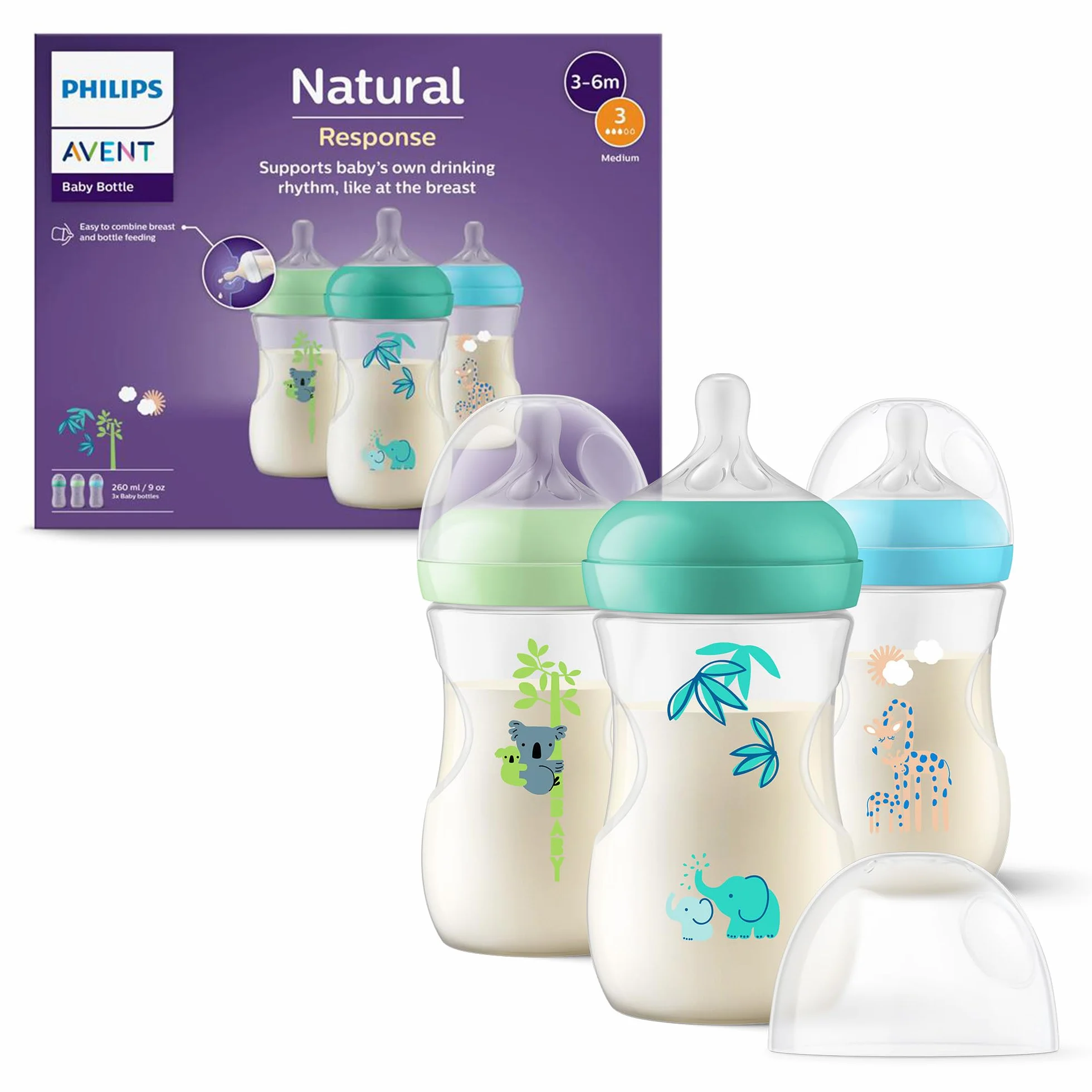 Philips Avent Natural Response Butelka do picia 260 ml (9 uncji) z smoczkiem o średnim przepływie (przepływ 3), zestaw 3 szt., z tropikalnymi motywami zwierzęcymi, SCY903/73