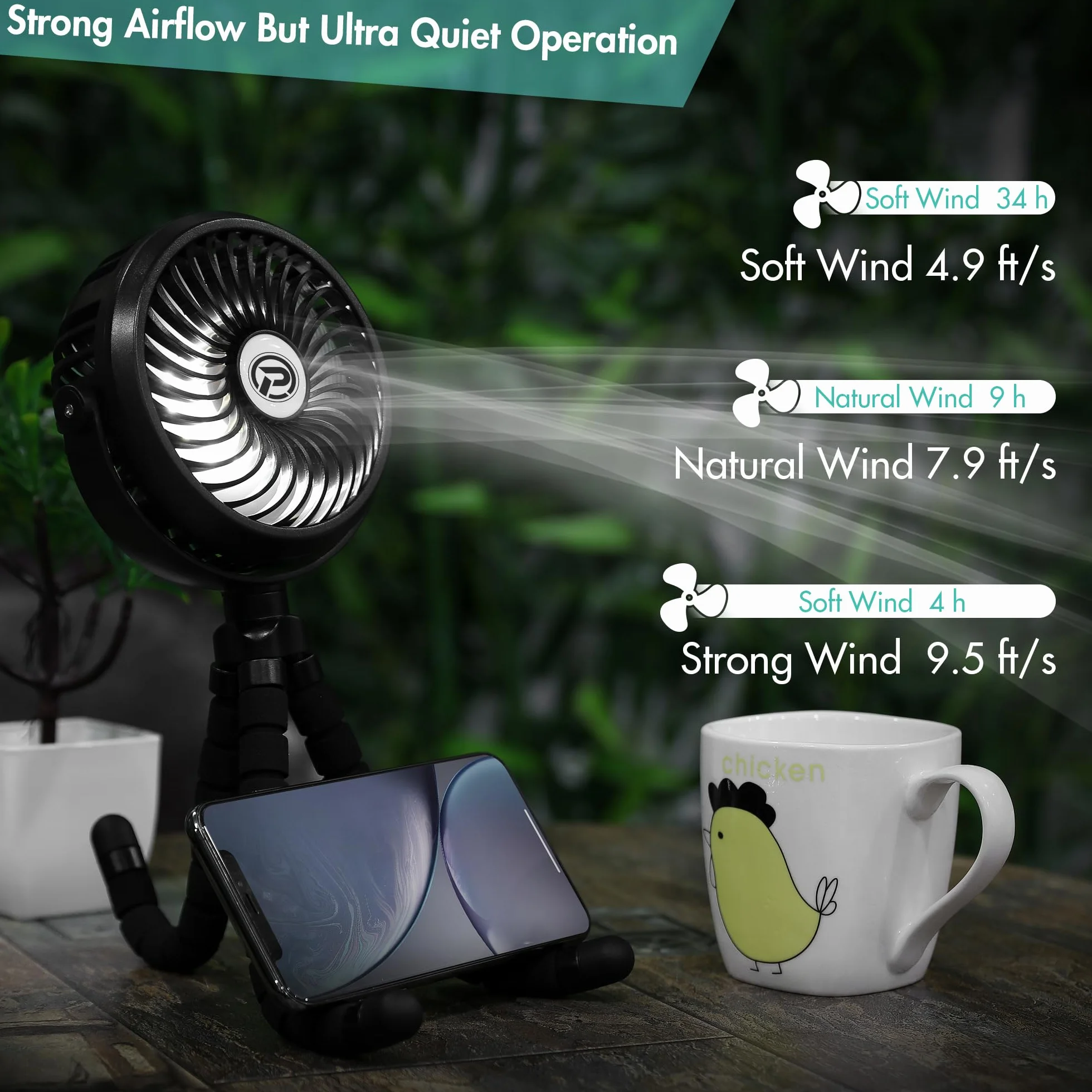 Mini Ventilador USB 2600mAh Batería Oscilante 360° 3 Velocidades Portátil
