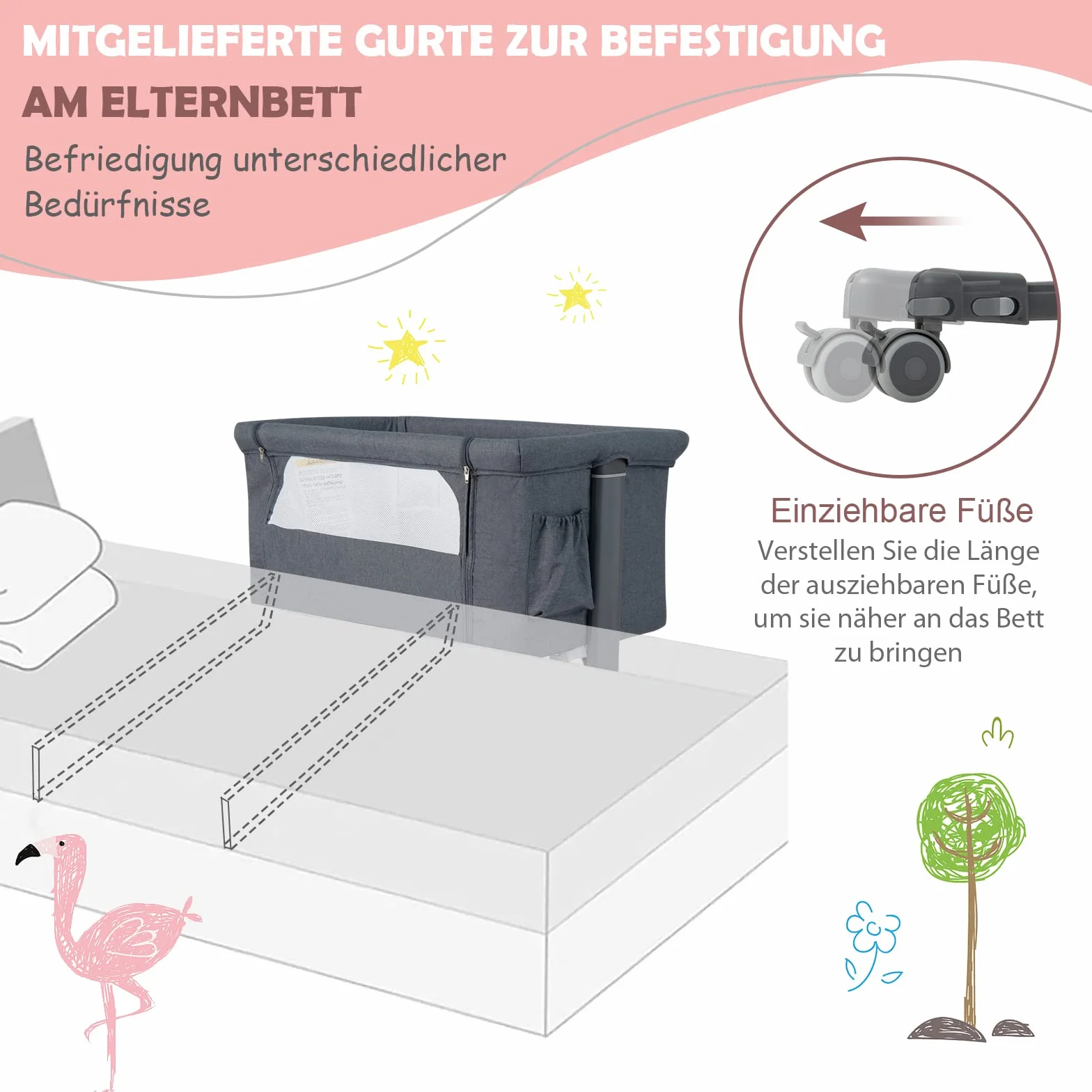 COSTWAY 3 in 1 Bassinet & Cradle & Travel Cot, 5-stopniowe łóżeczko dziecięce z regulacją wysokości, nachylenie 10°, łóżeczko z materacem, torba transportowa (ciemnoszary)