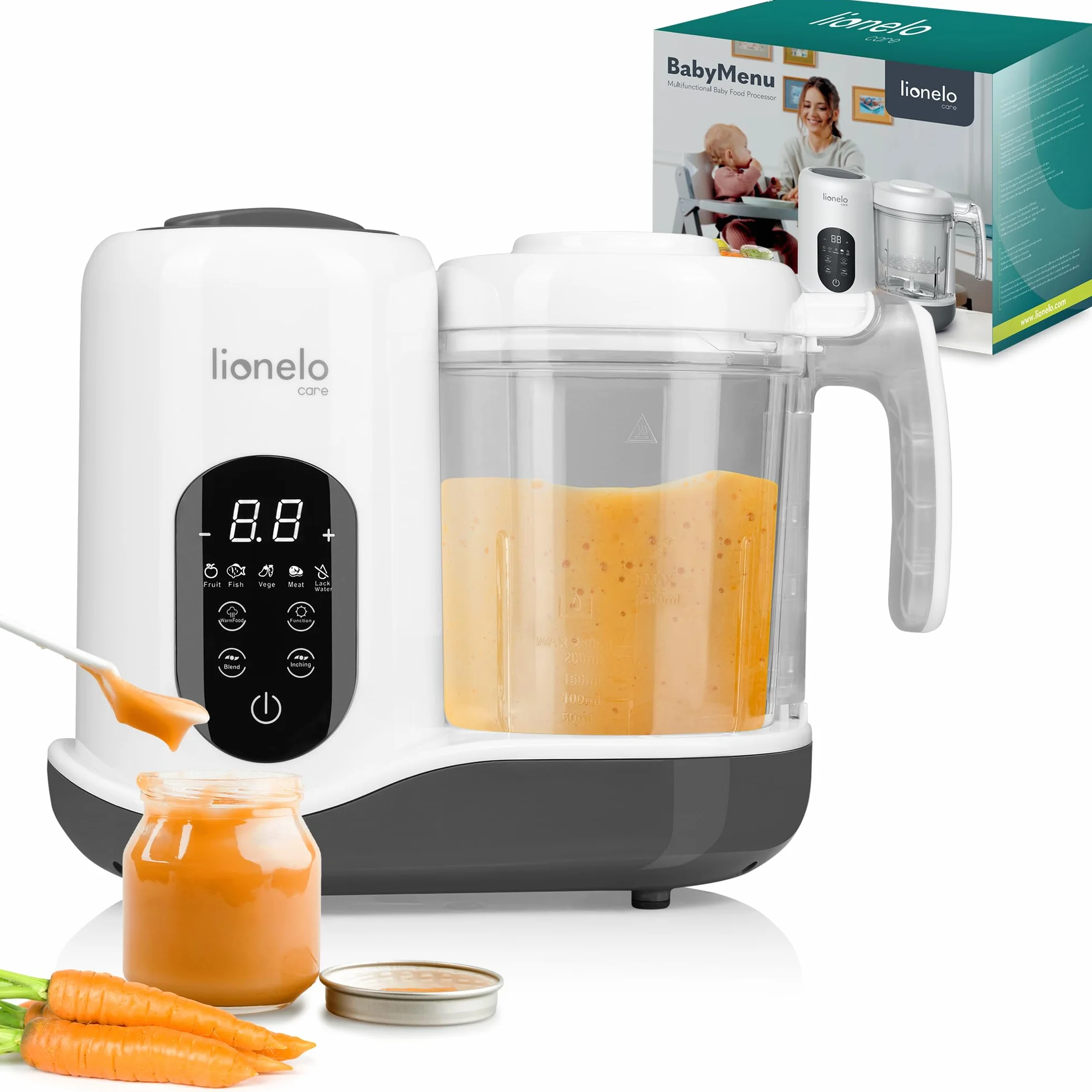 LIONELO BABYMENU Wielofunkcyjny Robot Kuchenny dla Niemowląt 300 4 Programy Gotowanie na Parze Blendowanie Podgrzewanie Rozmrażanie