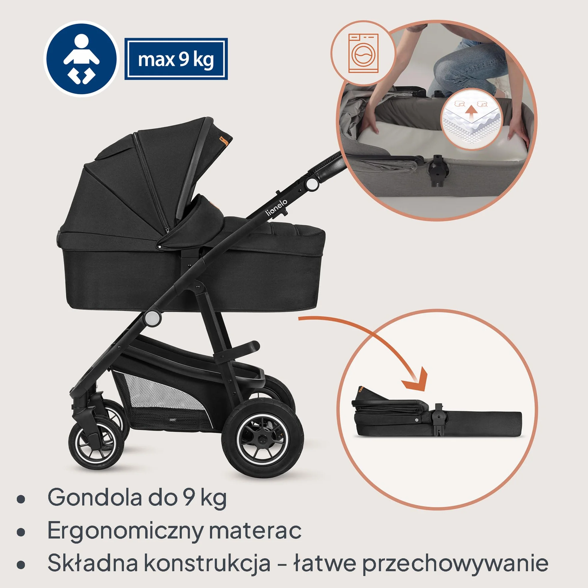 LIONELO BIANKA Wózek Spacerowy Dziecięcy 3 w 1 do 22 kg Gondola Fotelik Samochodowy do 13 kg, Składany, System Podróżny Regulacja Oparcia Koła 360o Amortyzacja, Daszek XXL (Czarny)