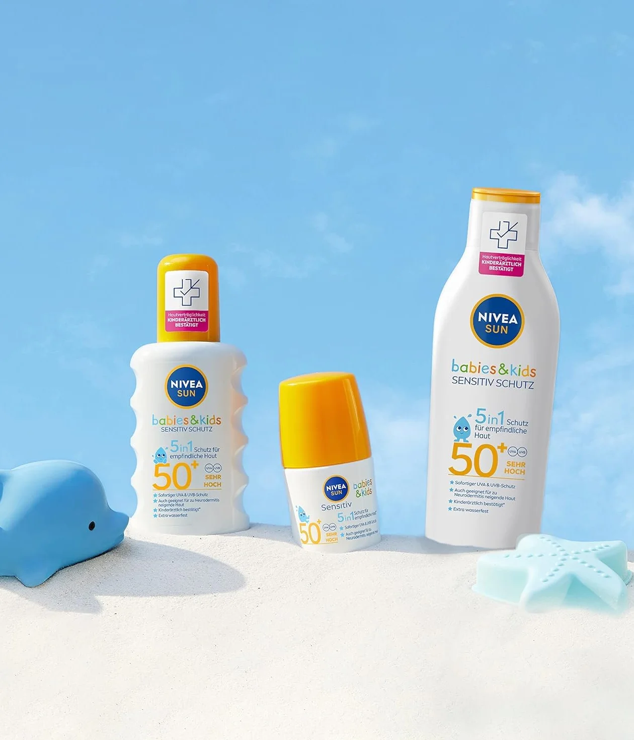 NIVEA SUN Kids Sensitiv ochrona i pielęgnacja mleczko do opalania SPF 50+ (200 ml), bardzo wodoodporny krem przeciwsłoneczny z SPF 50+, balsam do opalania dla wrażliwej skóry dziecka