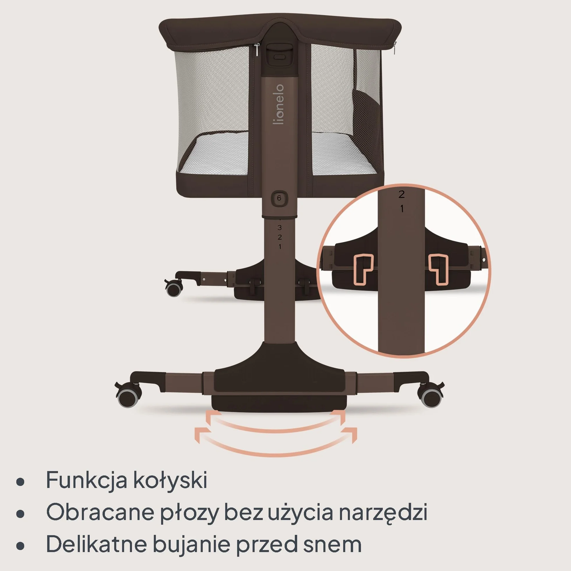 lionelo PARI łóżeczko nocne, łóżeczko dziecięce, 3 w 1, regulowane łóżeczko nocne, 6 poziomów, kołysanie, pochylany materac, siatka, zamykane kółka, torba podróżna
