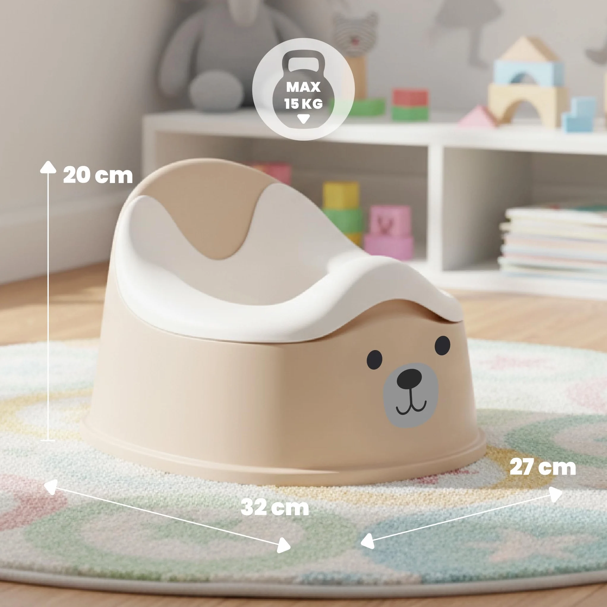 sun baby Nocnik dla dzieci 18-36 miesięcy, antypoślizgowe nóżki, ergonomiczne oparcie, wyjmowany wkład, tworzywo sztuczne, do 15 kg (Beżowo-Biały + Naklejka Miś)