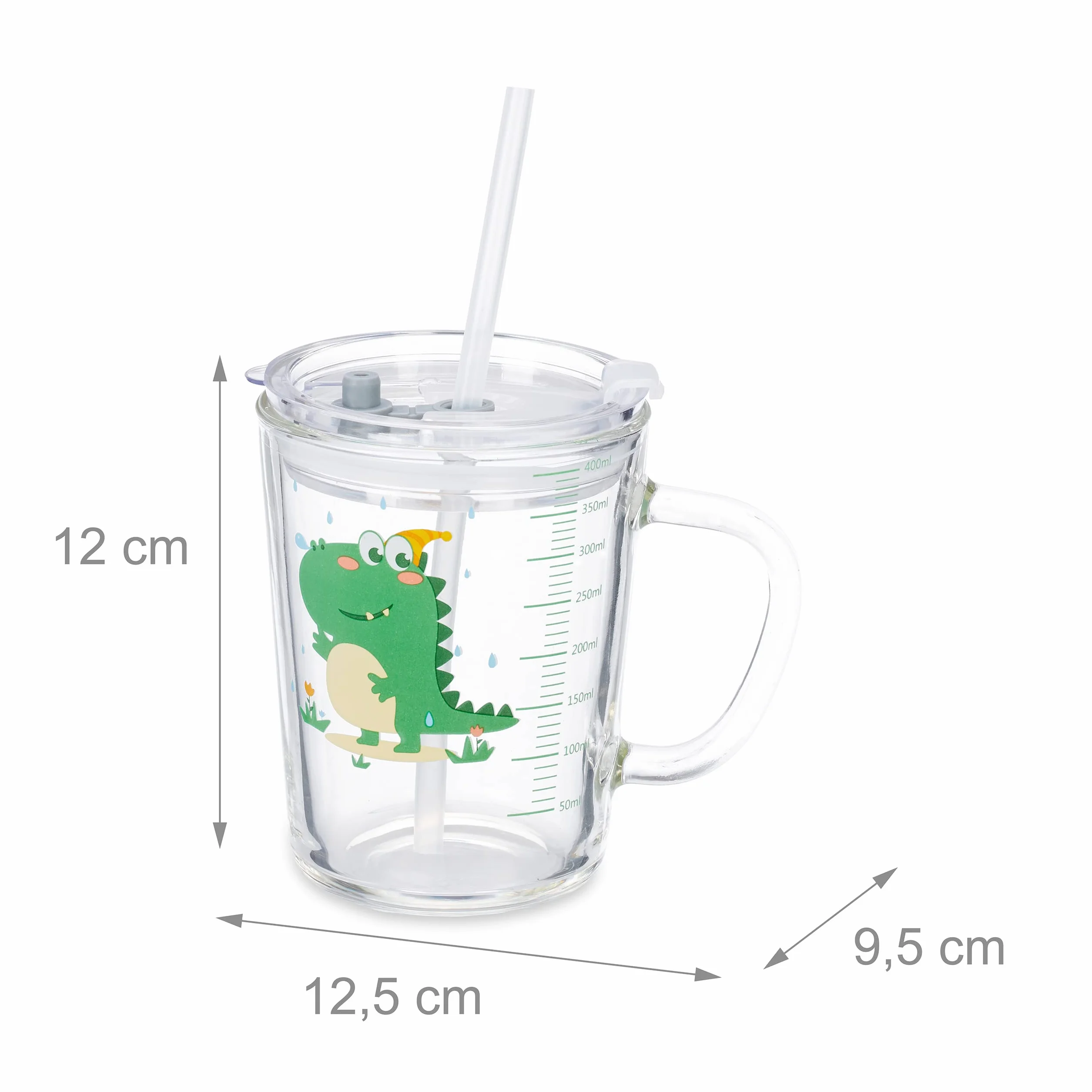 Relaxdays Zestaw 2 szklanek dla dzieci motyw dinozaura 400 ml przezroczyste z uchwytem pokrywką słomką