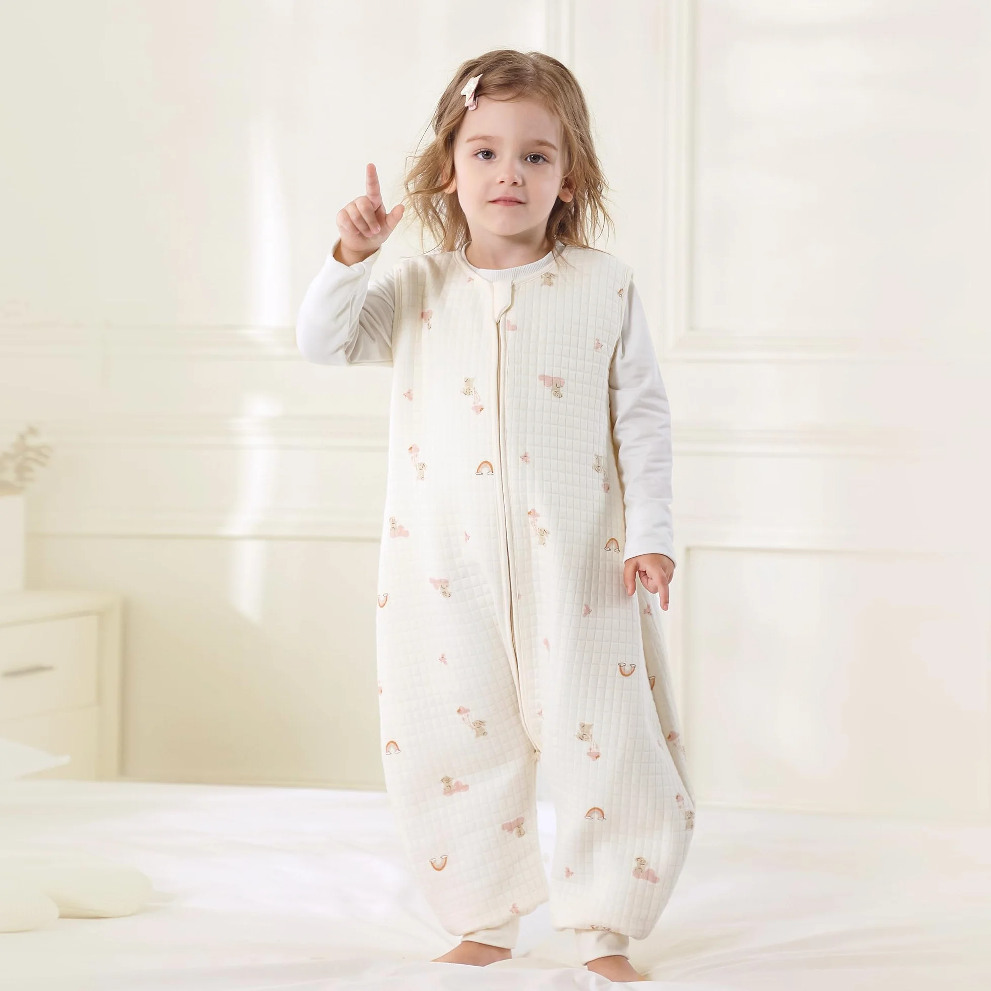 Śpiwór niemowlęcy z nogawkami, 1,5 TOG, 100% bawełna, całoroczny śpiwór, śpiwór dla niemowląt z nogami (królik, S/6-18)