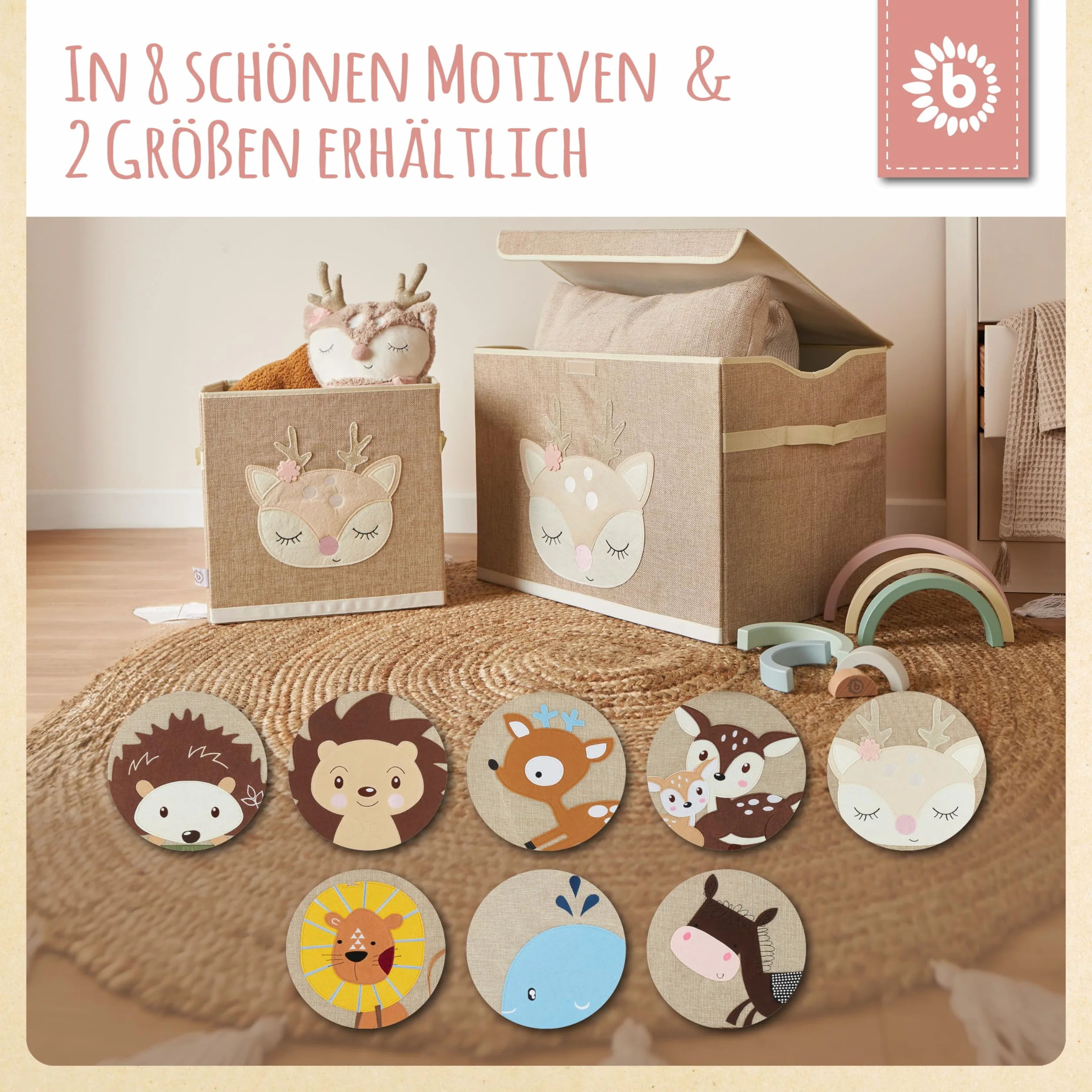 Bieco Pudełko do przechowywania dla dzieci, motyw jelenia Ella, ok. 36 l, składane, słodkie pudełko na zabawki na regał Kallax, pudełko do przechowywania, 33 x 33 x 33 cm, pudełka Kallax do