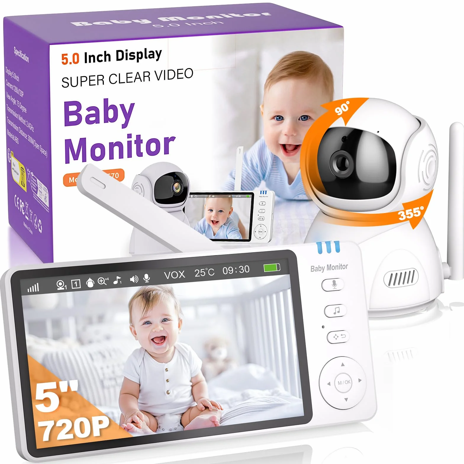 Baby Monitor 720P HD Kamera dla niemowląt z Pan-Tilt Zoom Wizja nocna VOX Intercom