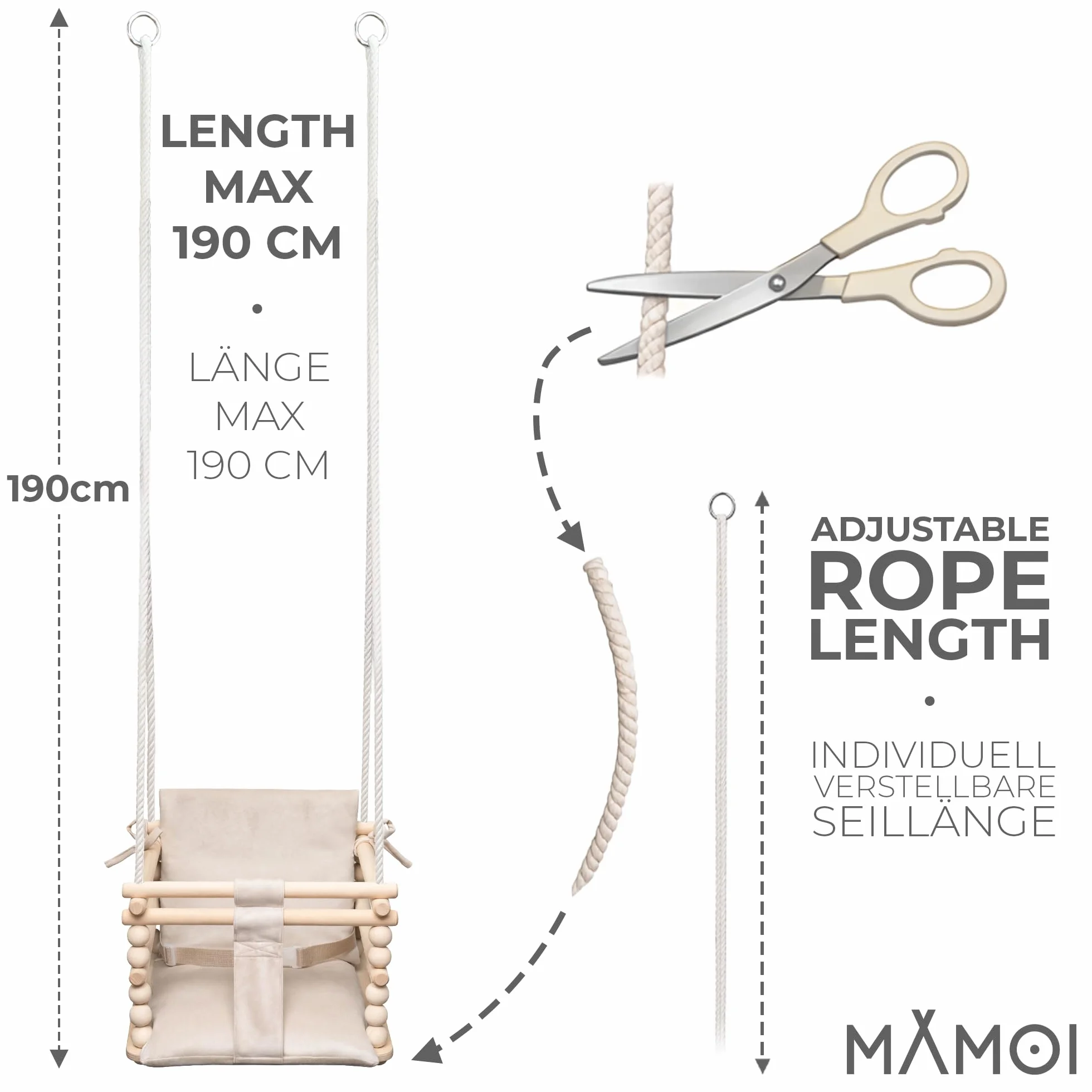 MAMOI® Huśtawka dziecięca 3 w 1 + PAS BEZPIECZEŃSTWA | Regulacja wysokości 190-260cm | Drewniana huśtawka dla dzieci | Wewnętrzna huśtawka dla dzieci do domu | CE | 100% ECO | Wyprodukowano w UE