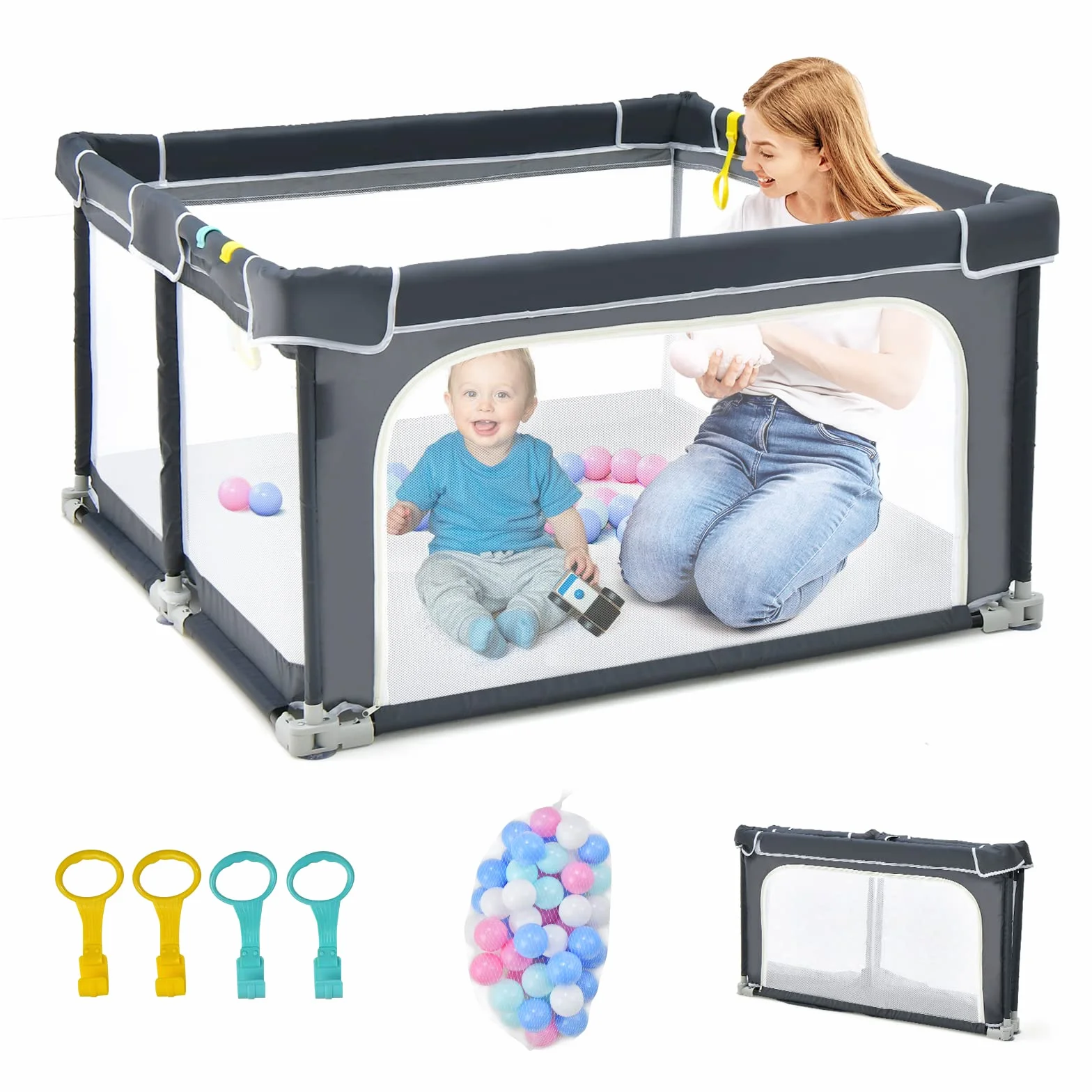COSTWAY Kojec dla niemowląt 124 x 124 cm, składany, przenośny kojec z 50 piłkami, 4 uchwyty, funkcja blokowania, kratka do raczkowania ze ściankami z siatki i drzwiami, namiot dla niemowląt i dzieci