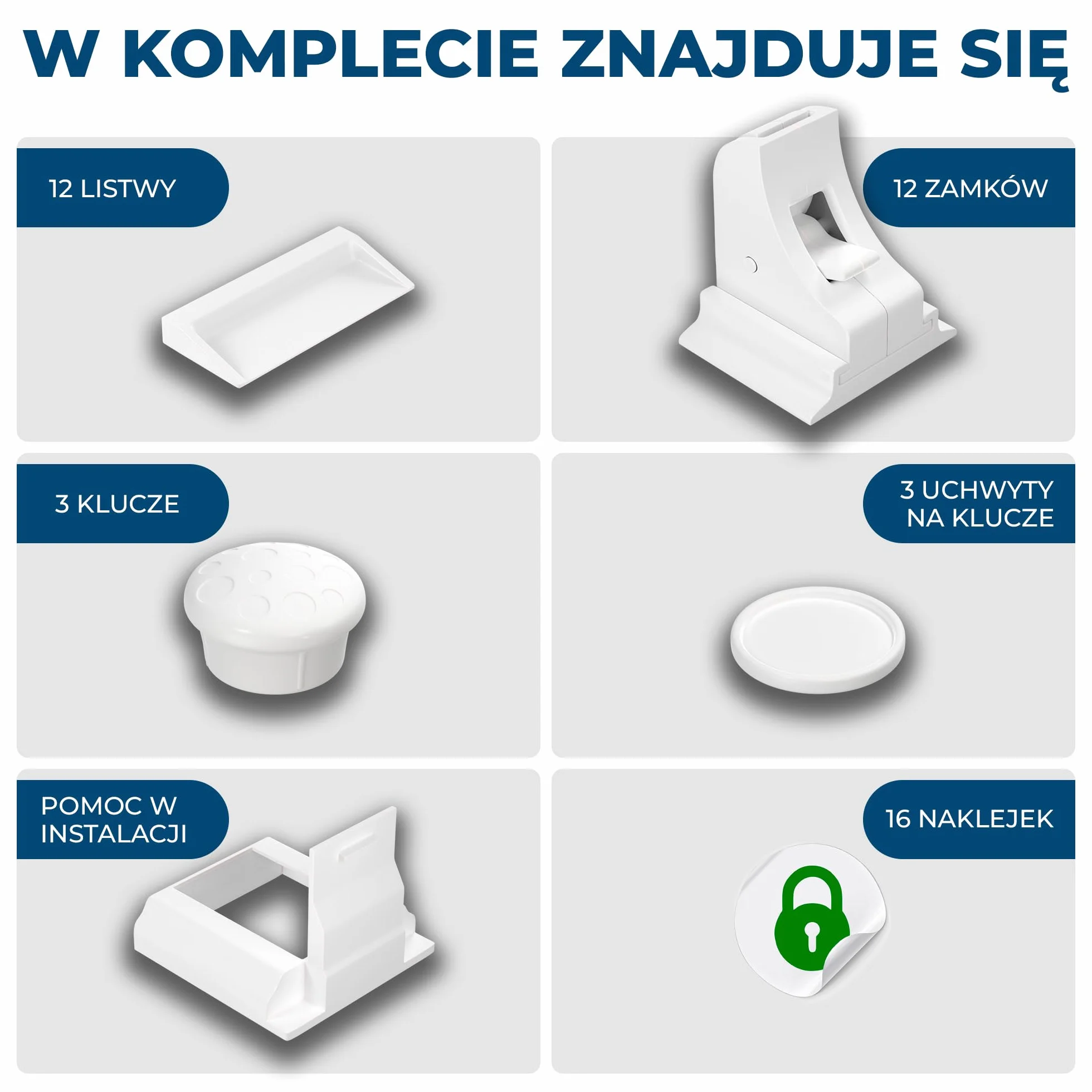 Hoffenbach Magnetyczna Blokada dla Dzieci – 12 zamków + 3 klucze – Niewidoczny Zamek Magnetyczny do Szafek i Szuflad – Zabezpieczenie bez Wiercenia – Biały