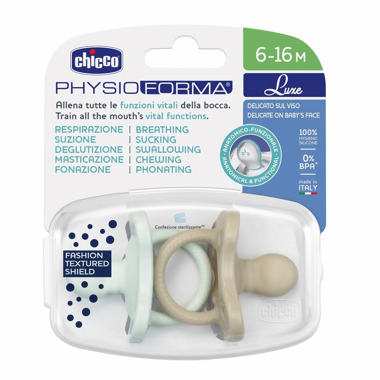 Chicco PhysioForma Gommotto Luxe, silikonowy smoczek 6-16 miesięcy, zestaw miękkich i delikatnych gumek, wspierają fizjologiczne oddychanie i promują prawidłowy rozwój ust, 2 sztuki, dziecko