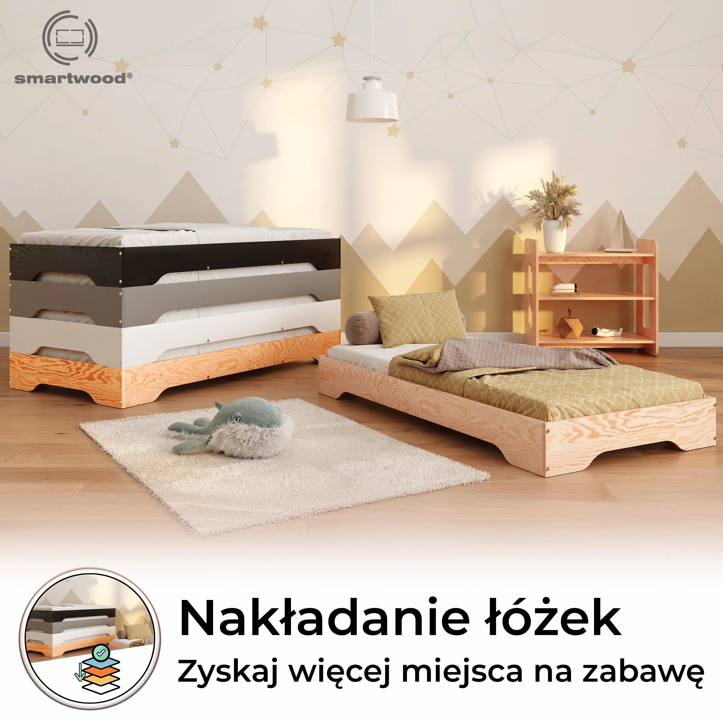 Smartwood Drewniane Łóżko Dla Dziecka 90x200 cm Podłogowe - Jednoosobowe Z Stelażem do 230 Kg - Lakierowane Łóżko Dziecięce Montessori - TILA 7