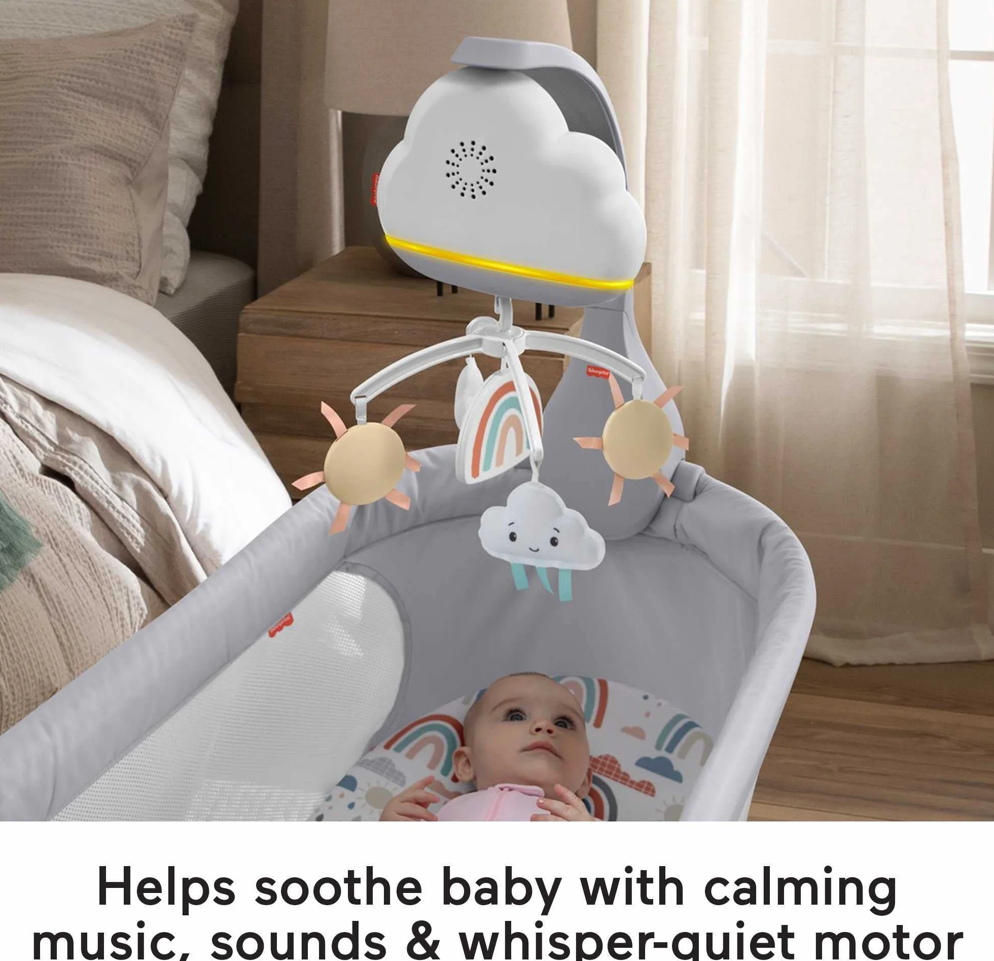 Fisher-Price Chmurkowa tęcza Uspokajacz karuzelka, uspokajacz na szafkę i zabawka z dźwiękami dla dzieci od narodzin, HBP40