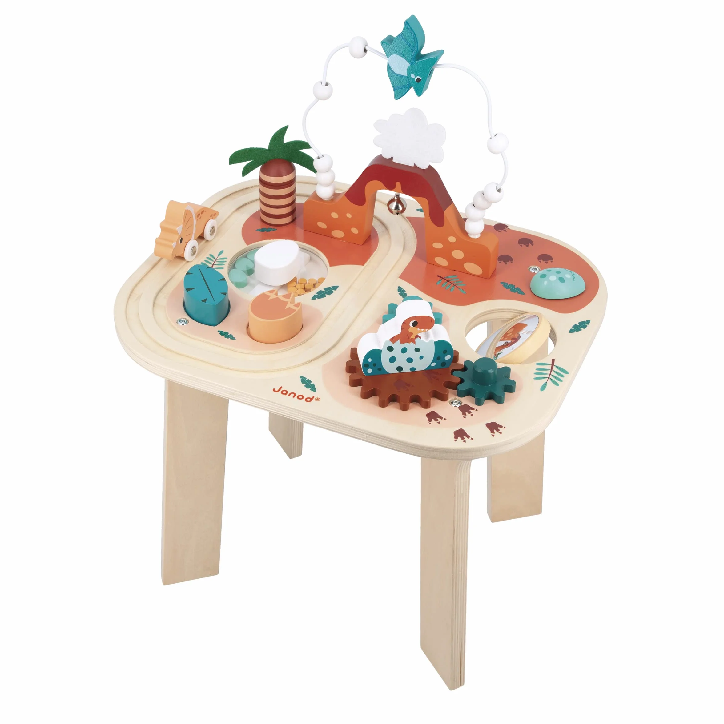 Janod Table Dinosaur-8 zajęć Pierwsza epoka przebudzenia-rozwija umiejętności motoryczne i zręczność-drewniana zabawka FSC-od 12 miesięcy, J05825, Wielokolorowa, Medium