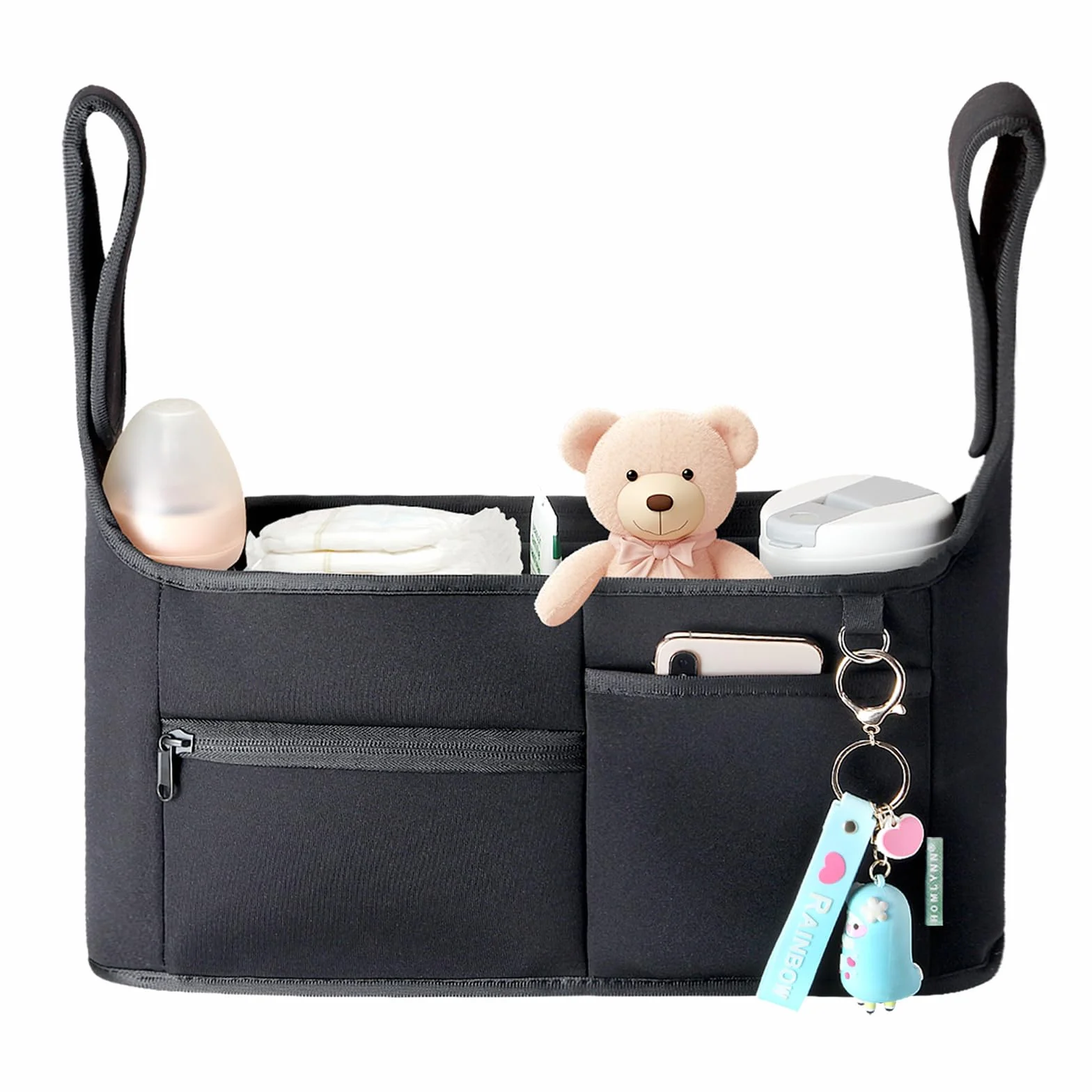 Homlynn Organizer do wózka dziecięcego, wielofunkcyjny wózek dziecięcy, torba do przechowywania wózków dziecięcych, kieszeń na telefon komórkowy, 2 uchwyty na kubki i pasek na ramię, organizer na