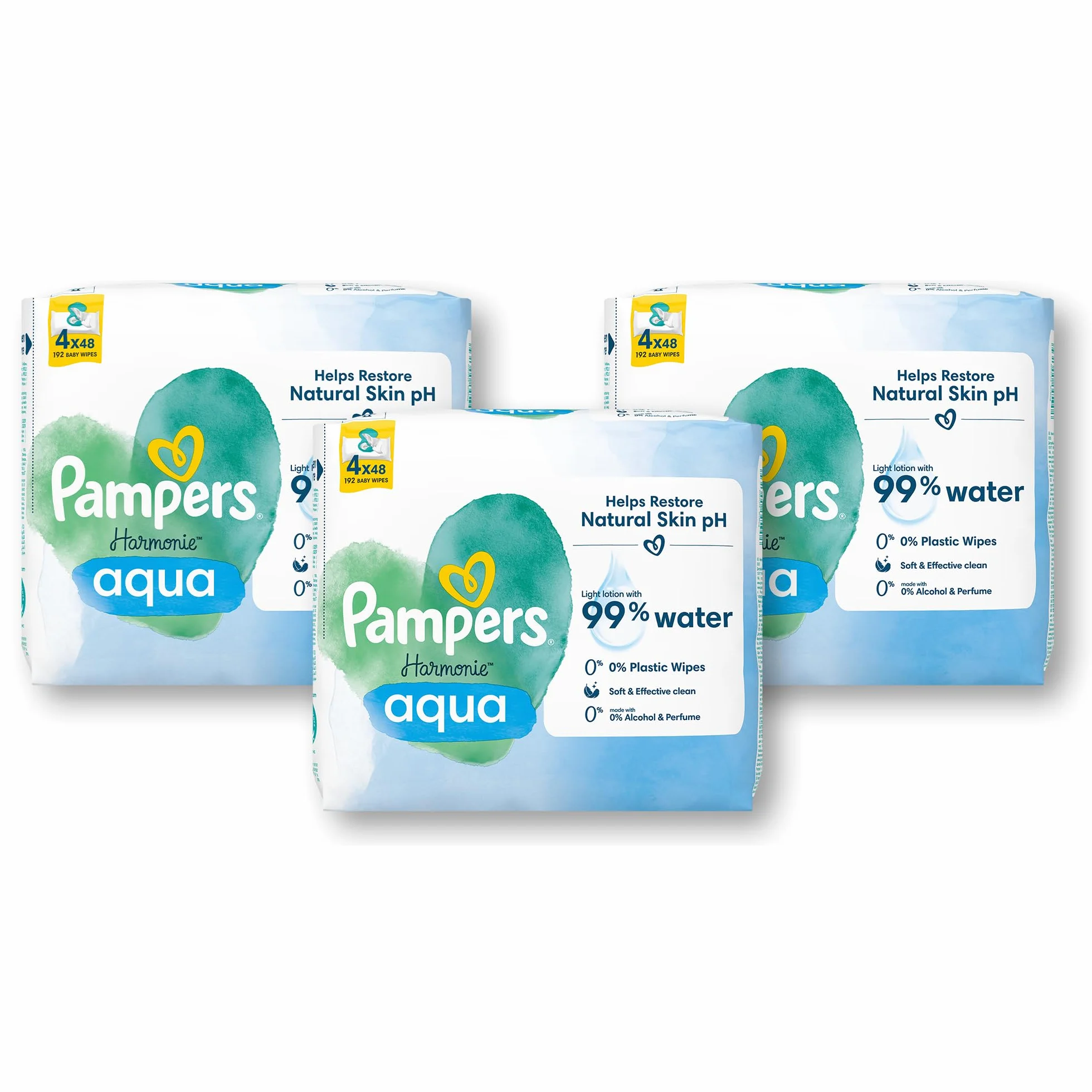 Pampers Harmonie Aqua Chusteczki Nawilżane Dla Niemowląt i Dzieci 576 sztuk (192 sztuk * 3 ), Ochrona Delikatnej Skóry Dziecka, Wykonane w 99% z Czystej Wody