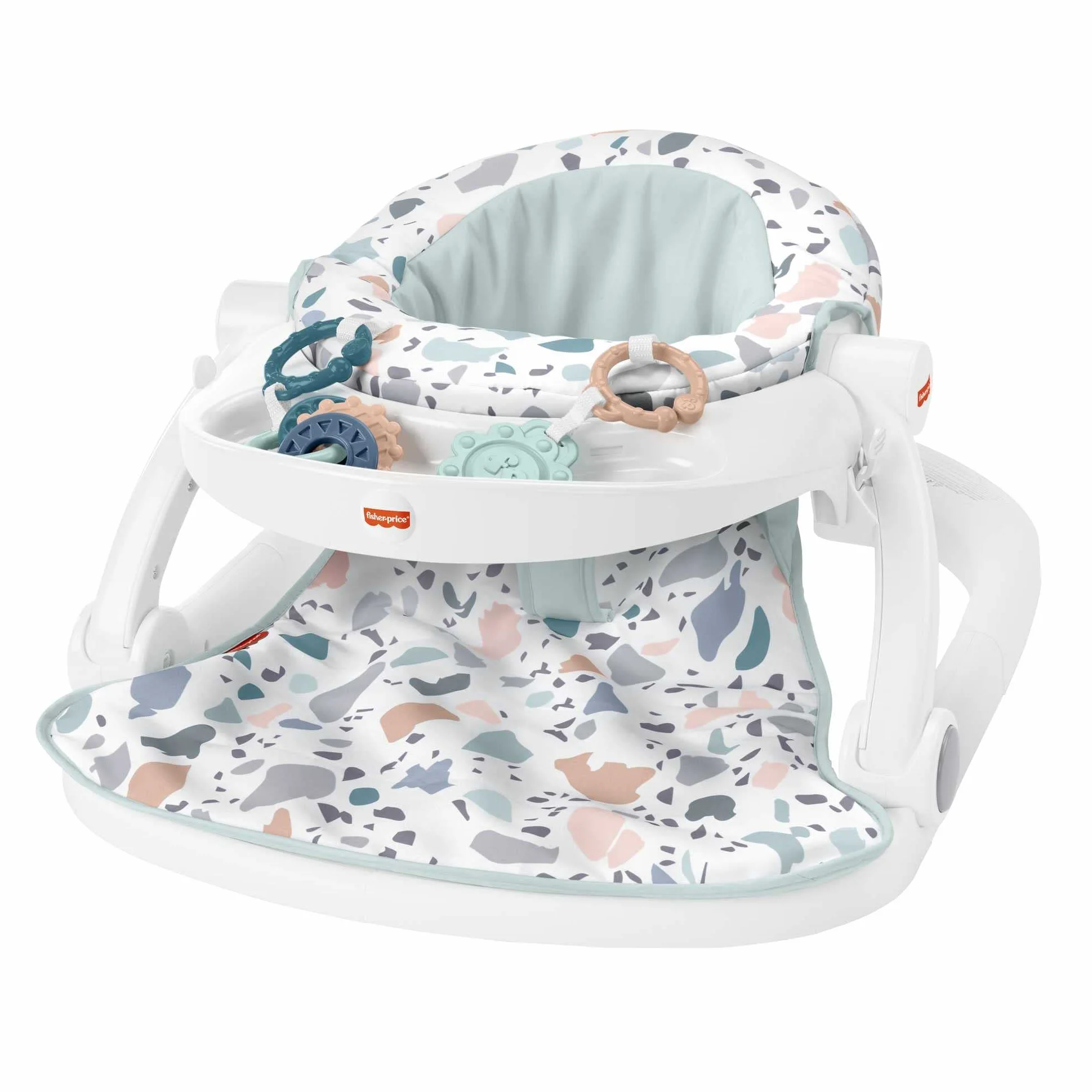 Fisher-Price Fotelik-siedzisko „Siadaj ze mną” z blacikiem, ze wzorem kamienistej plaży, przenośny fotelik dla niemowląt z zabawkami - HPF45