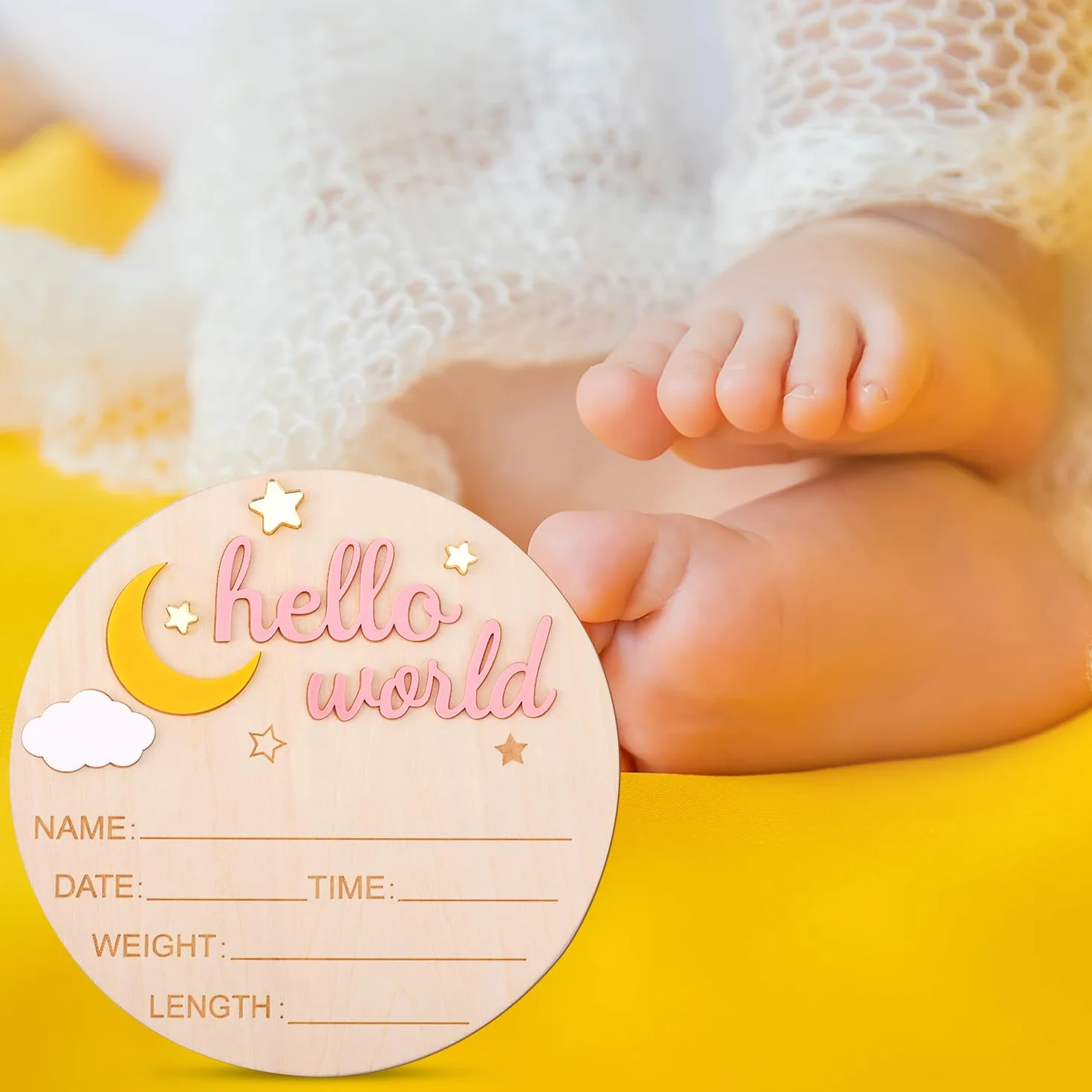 Drewniany Znak dla Noworodka Hello World, Słodka Tablica z Ogłoszeniem o Narodzinach Tabliczka z Imieniem Dziecka dla Dziewczynki i Chłopca Rekwizyty do Zdjęć na Baby Shower (Różowy)