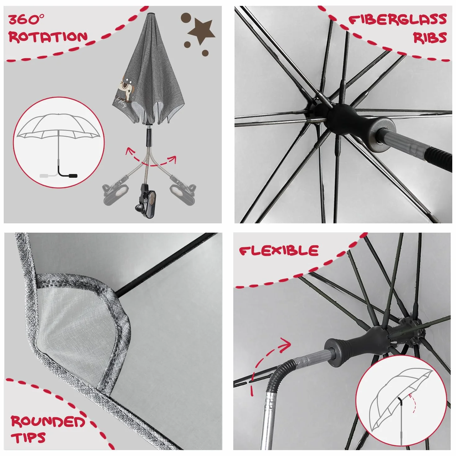 PERLETTI Uniwersalna Parasolka Przeciwsłoneczna do Wózka Anti-UV 50+ - Parasol Słońce Deszcz dla Niemowląt Dzieci - Mini Parasolka Ręczna do Wózka Dziecięcego Szara - Średnica 68 cm (Koń na Biegunach)