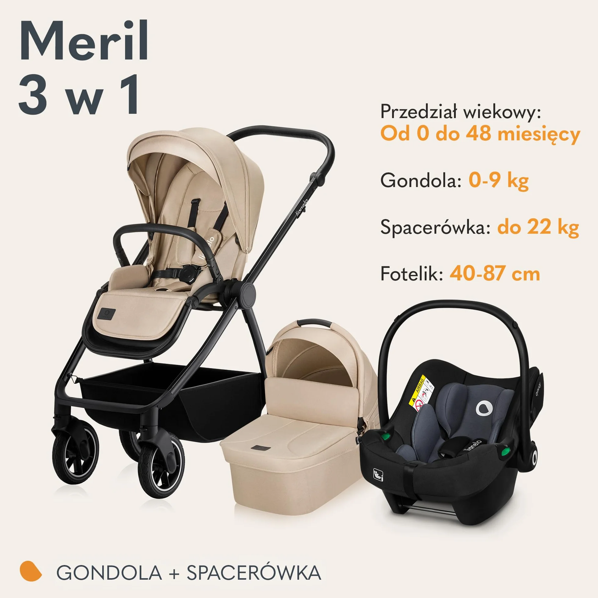 LIONELO MERIL 3 in 1 Wielofunkcyjny Wózek Dziecięcy 0-48 Miesięcy Do 22 Kg, Gondola Do 9 Kg, Fotelik Samochodowy Do 13 Kg, Koła Terenowe 360°, Pełna Amortyzacja, Budka XXL UPF50+ (Beżowy)