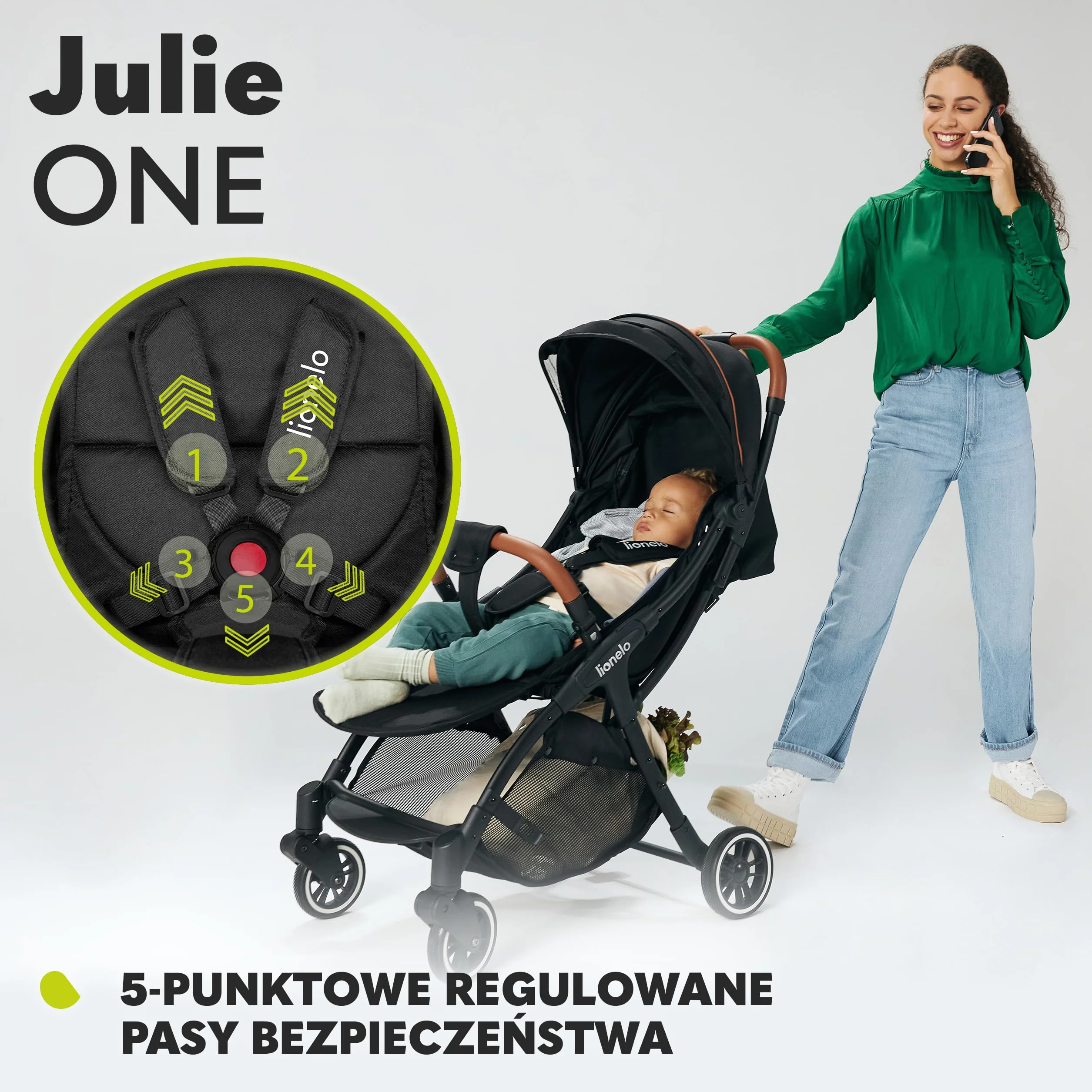 LIONELO Julie One wózek spacerowy do 22kg, regulacja oparcia od pozycji siedzącej do leżącej, regulowany podnóżek, ocieplacz na nóżki, moskitiera, torba do transportu (Golden Moments)